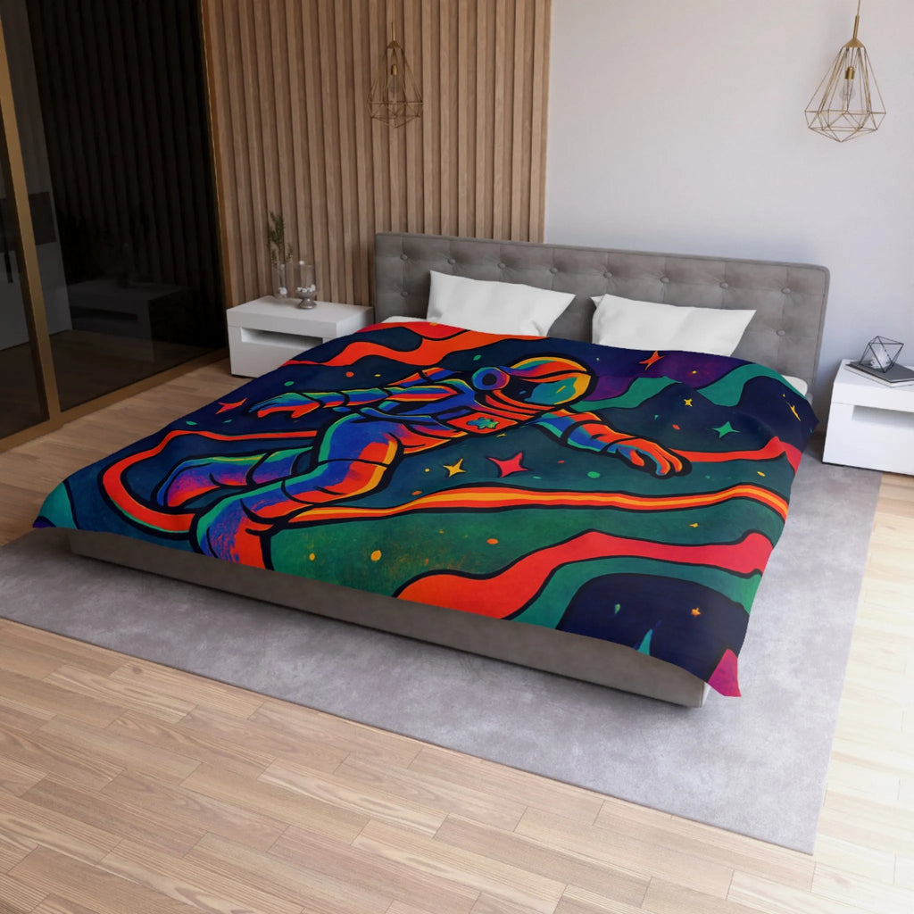 Housse de couette astronaute flottant dans un cosmos aux couleurs psychédéliques vibrantes