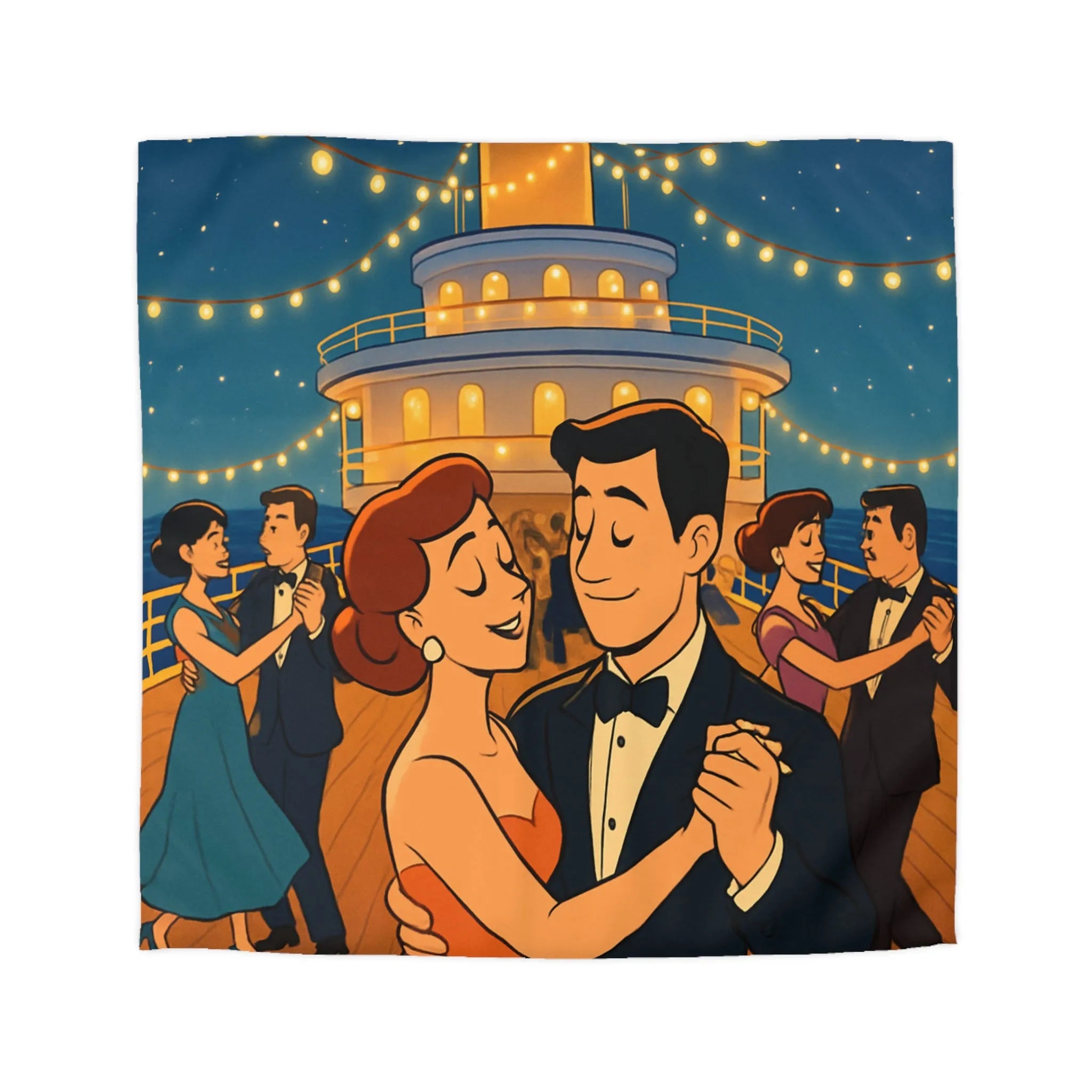 Housse de couette élégante avec danse romantique rétro sur un pont de navire