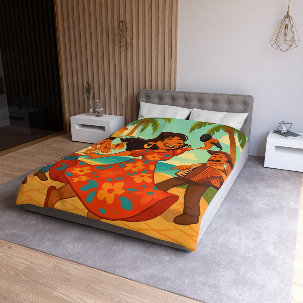 Housse de couette tropicale colorée avec danseuse et musiciens, ambiance joyeuse et festive