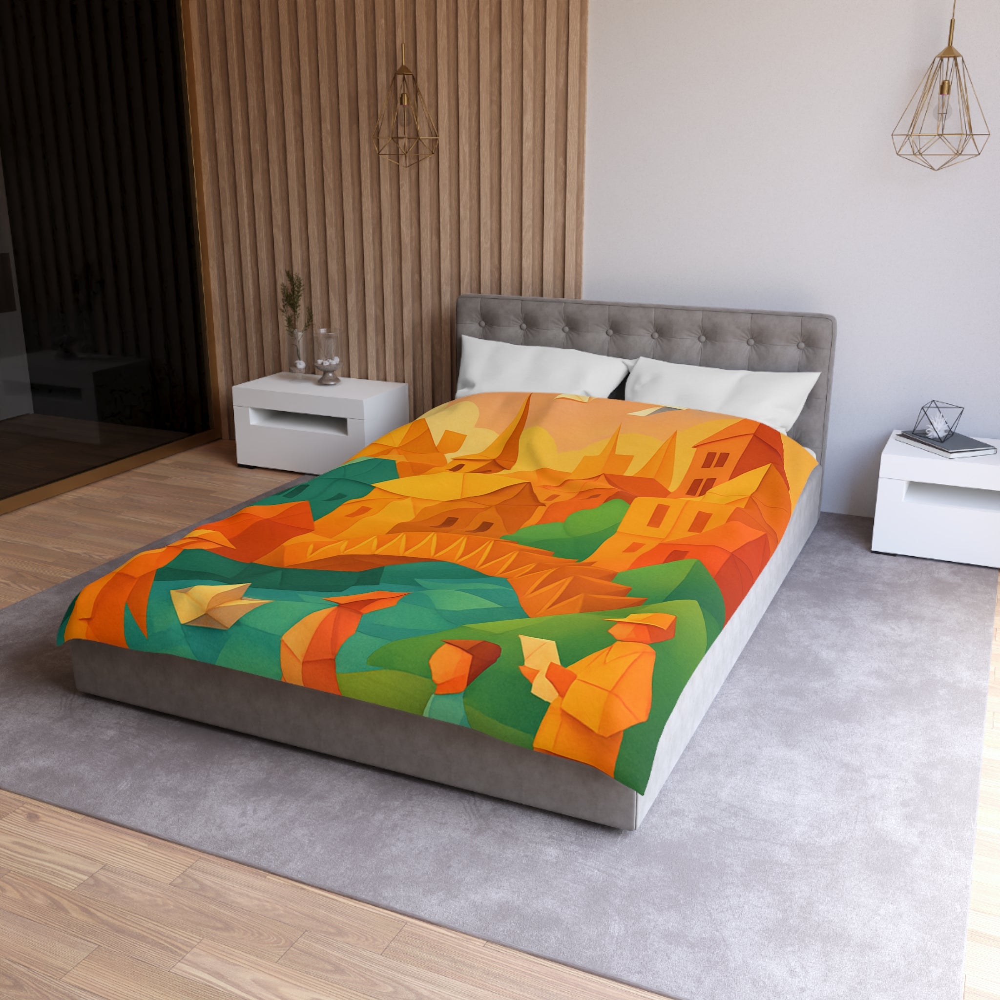 Housse de couette motif origami coloré avec paysage urbain et silhouettes humaines