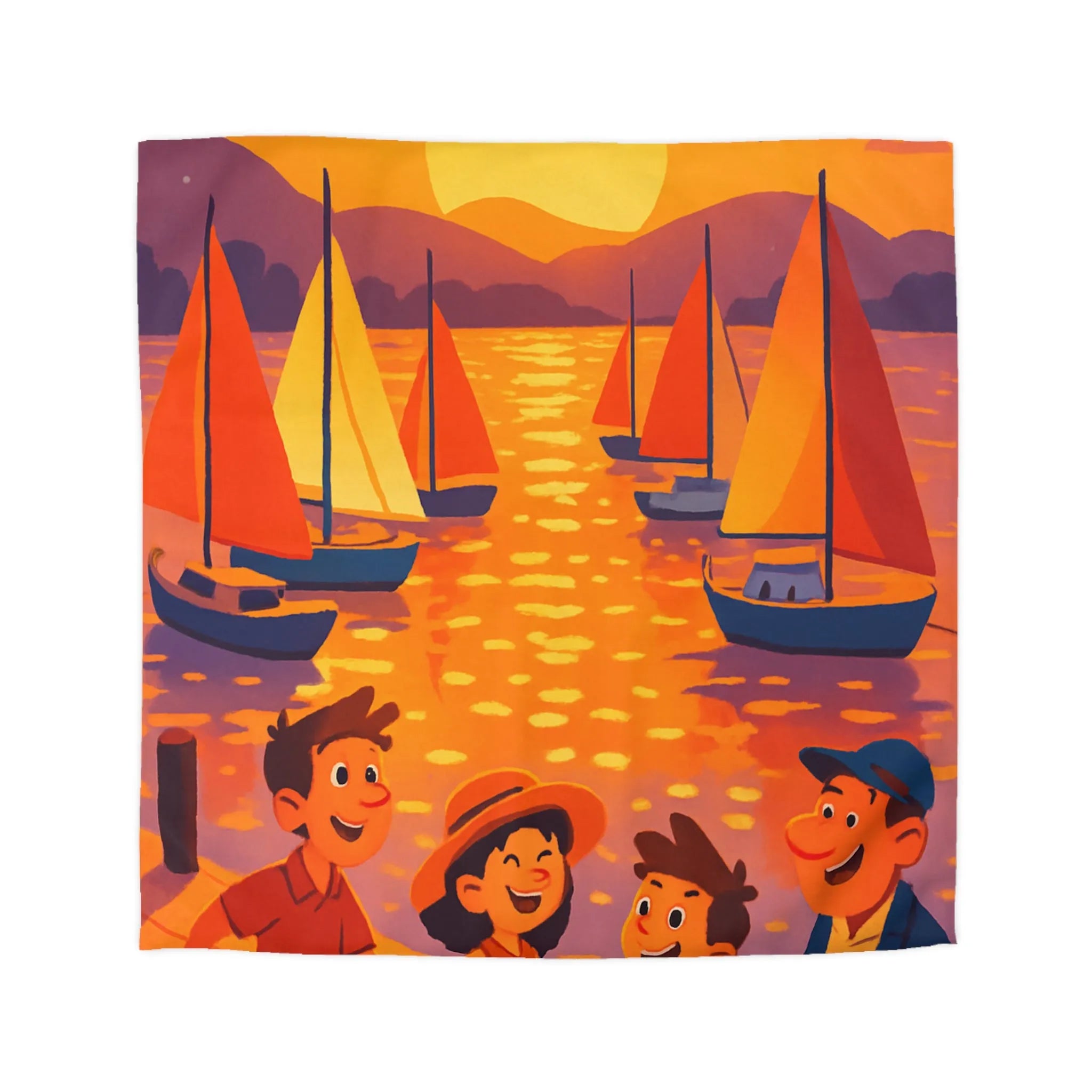 Housse de couette colorée avec bateau et coucher de soleil pour ambiance joyeuse