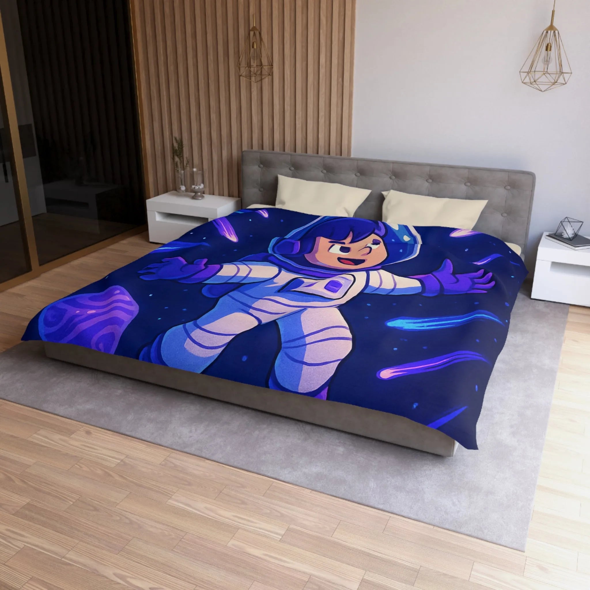 Housse de couette enfant thème espace avec astronaute et planètes colorées violettes