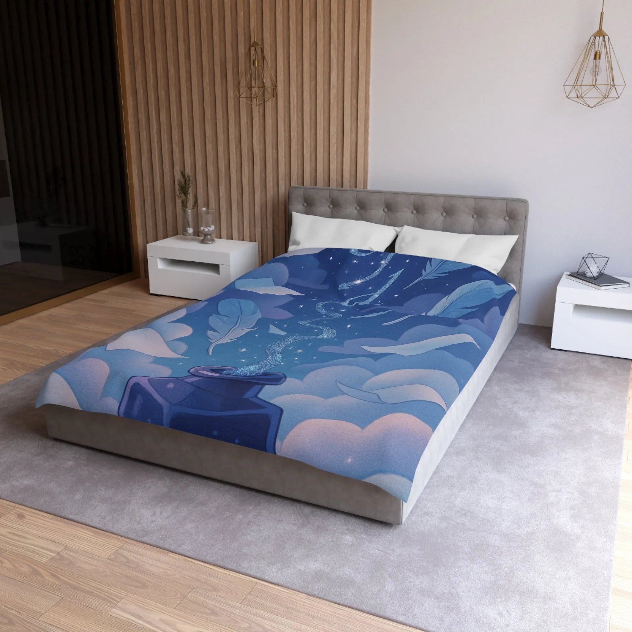 Housse de couette magique avec encre flottante, plumes et nuages rêveurs bleutés