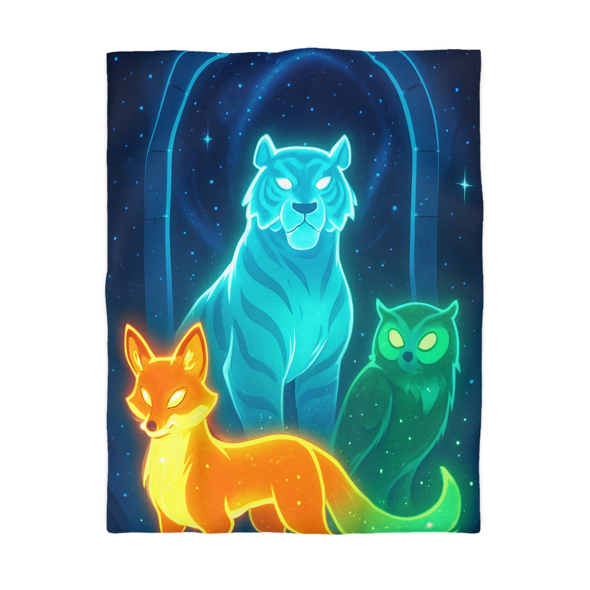 Mystérieuse housse de couette avec renard orange, tigre bleu, et hibou lumineux