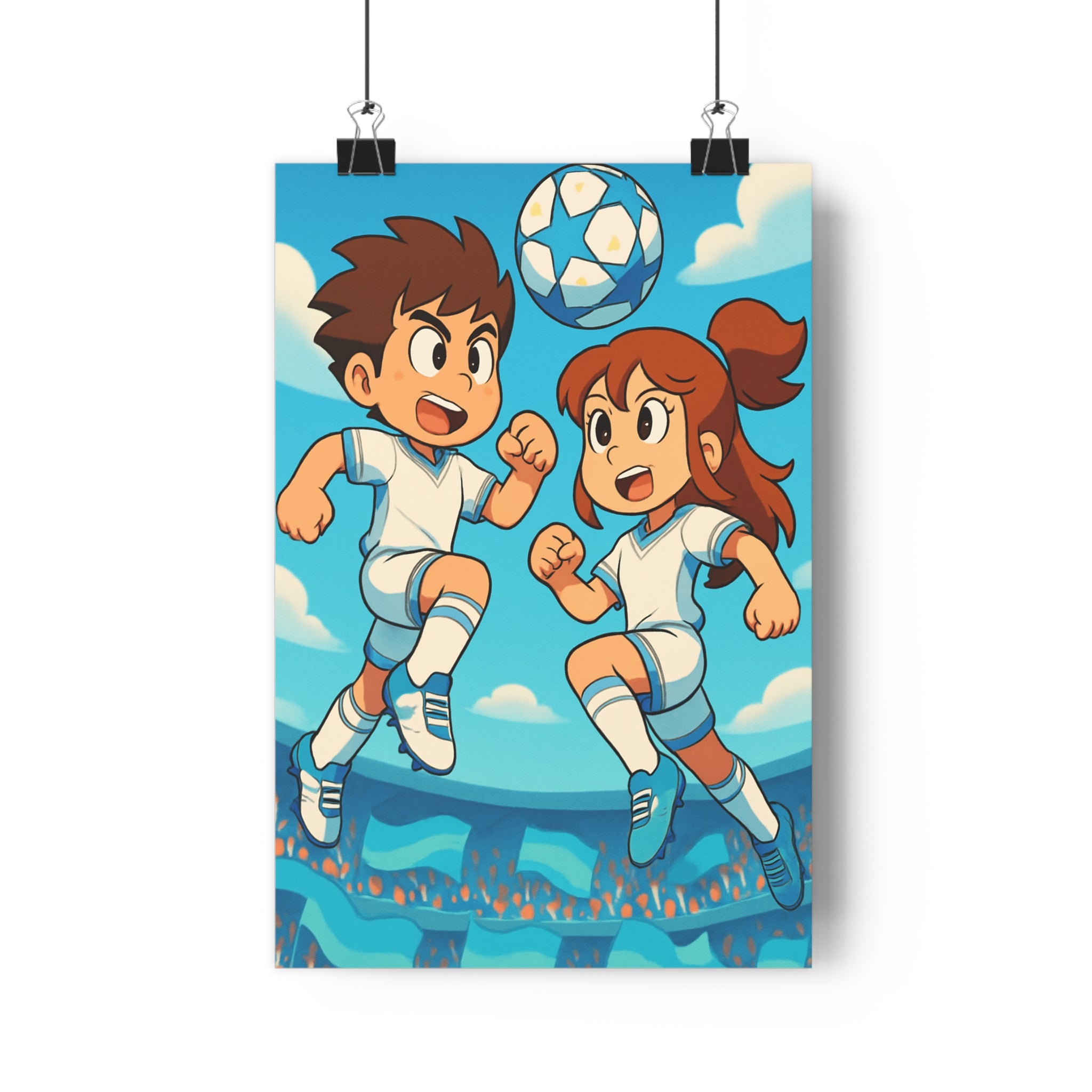 Poster décoratif dynamique football enfants coloré blanc bleu moderne chambre salon sport énergie jeunes