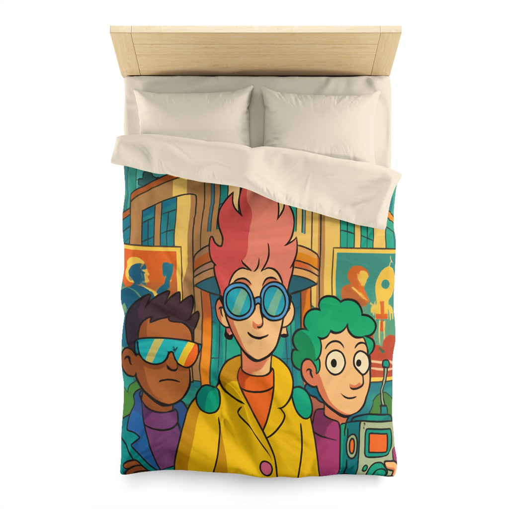 Housse de couette rétro futuriste colorée avec personnages et architecture urbaine stylisée