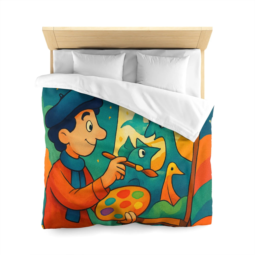 Housse de couette artistique colorée avec peintre et créatures fantaisistes en arrière-plan étoilé