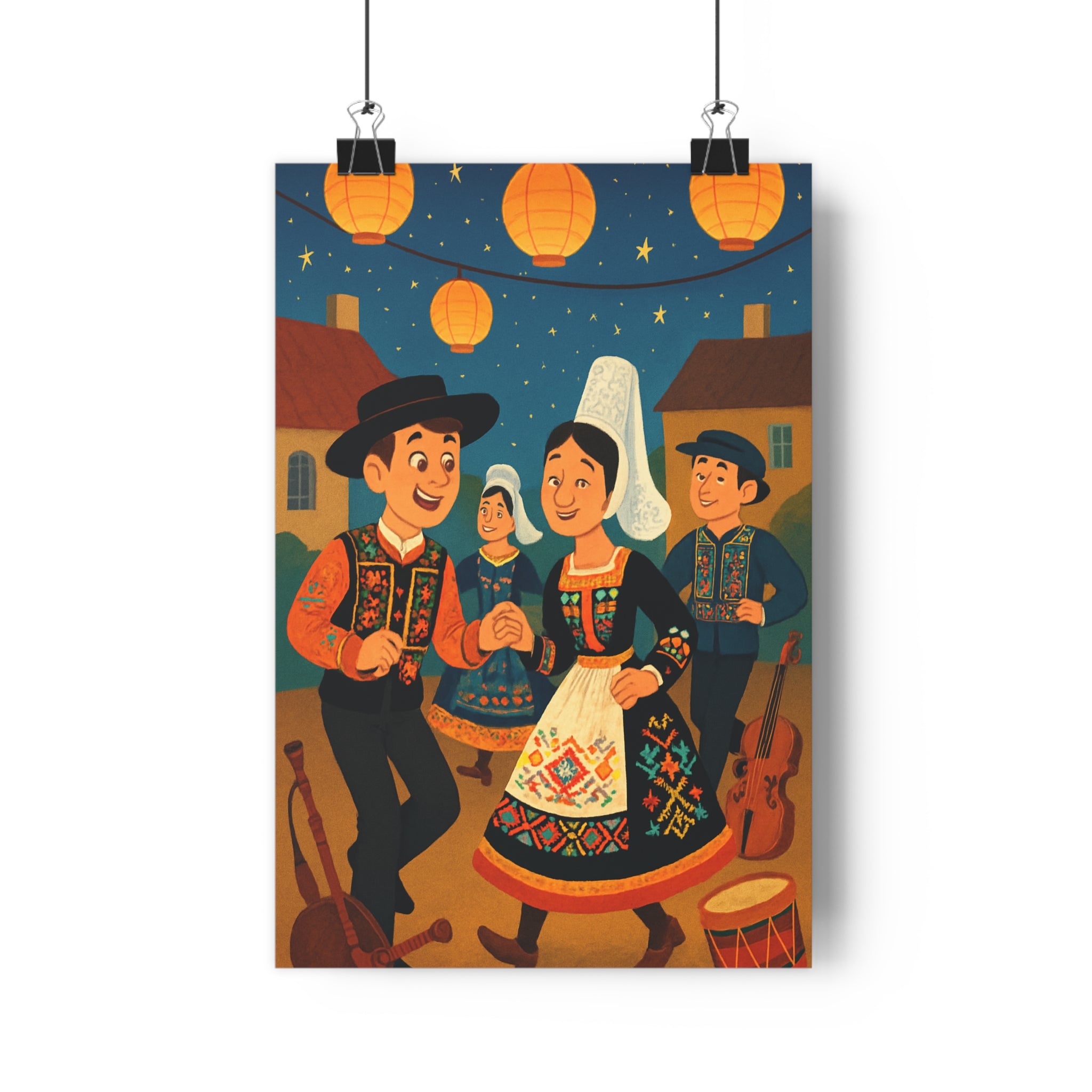 Poster décoratif festif coloré Bretagne danseurs traditionnels cartoon joyeux salon chambre musique lanternes bombarde