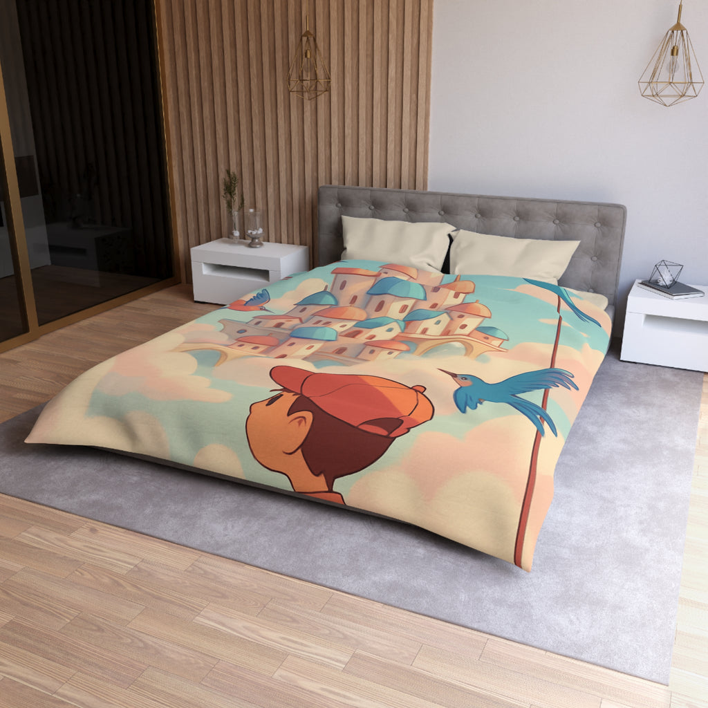 Housse de couette rêveuse avec enfant explorant un château céleste parmi les nuages