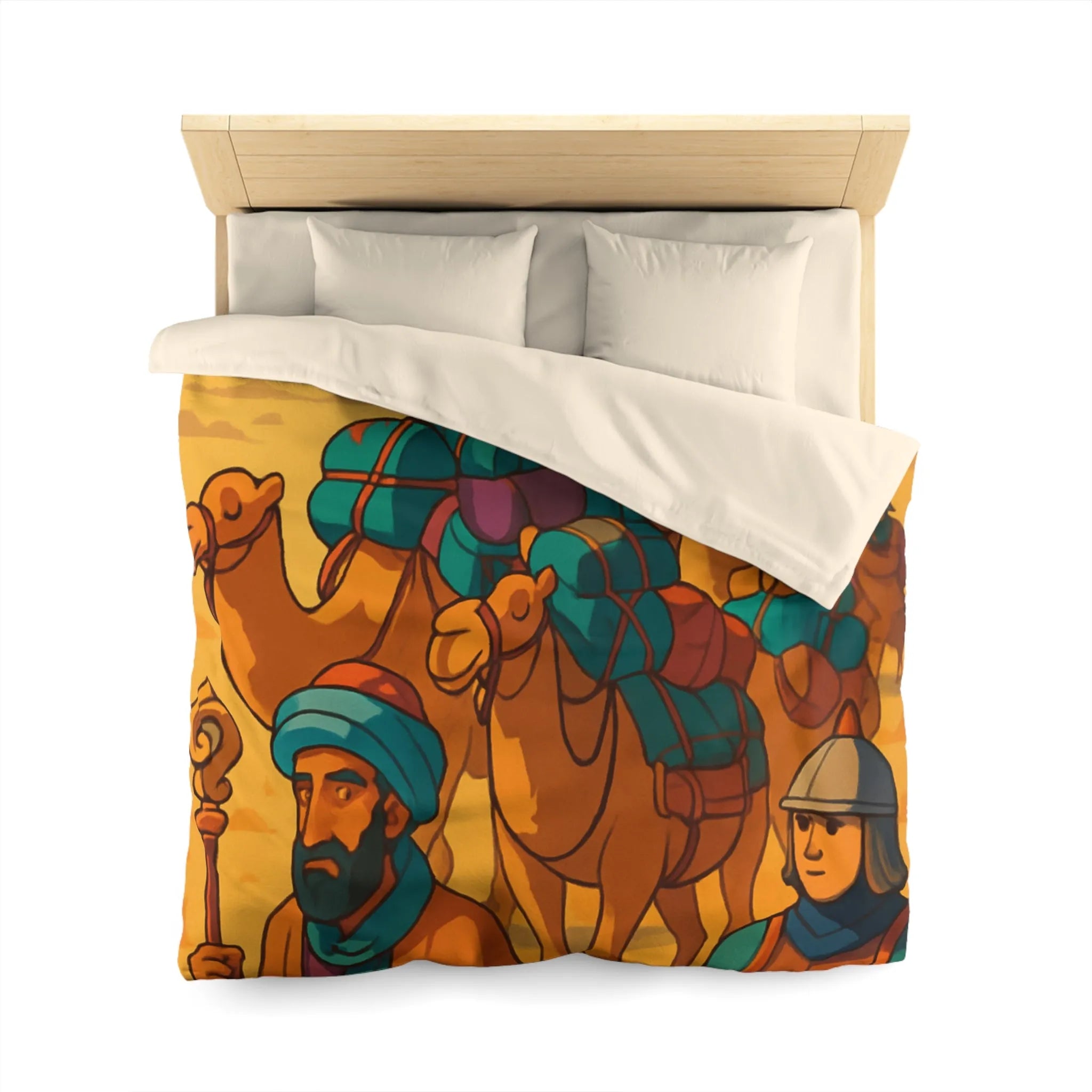 Housse de couette avec caravane de chameaux traversant un désert montagneux en arrière-plan