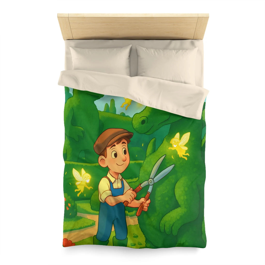 Housse de couette enfant dragon féérique avec jardin, verdure et ambiance magique naturelle