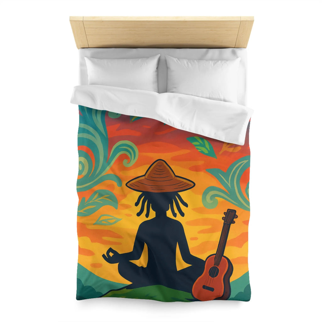 Housse de couette avec silhouette méditative et nature vibrante sous coucher de soleil coloré