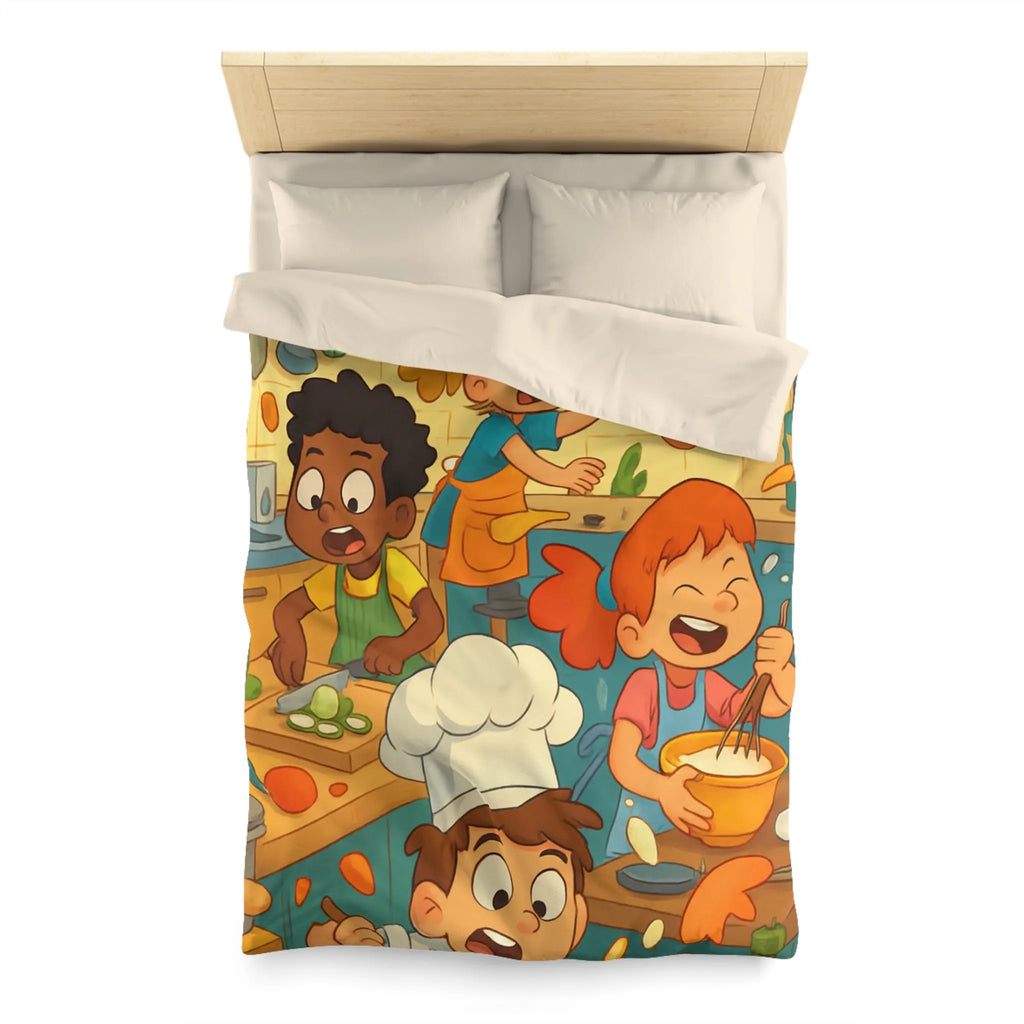 Housse de couette illustrée cuisine enfants joyeux couleurs vives spatule éclaboussures légumes