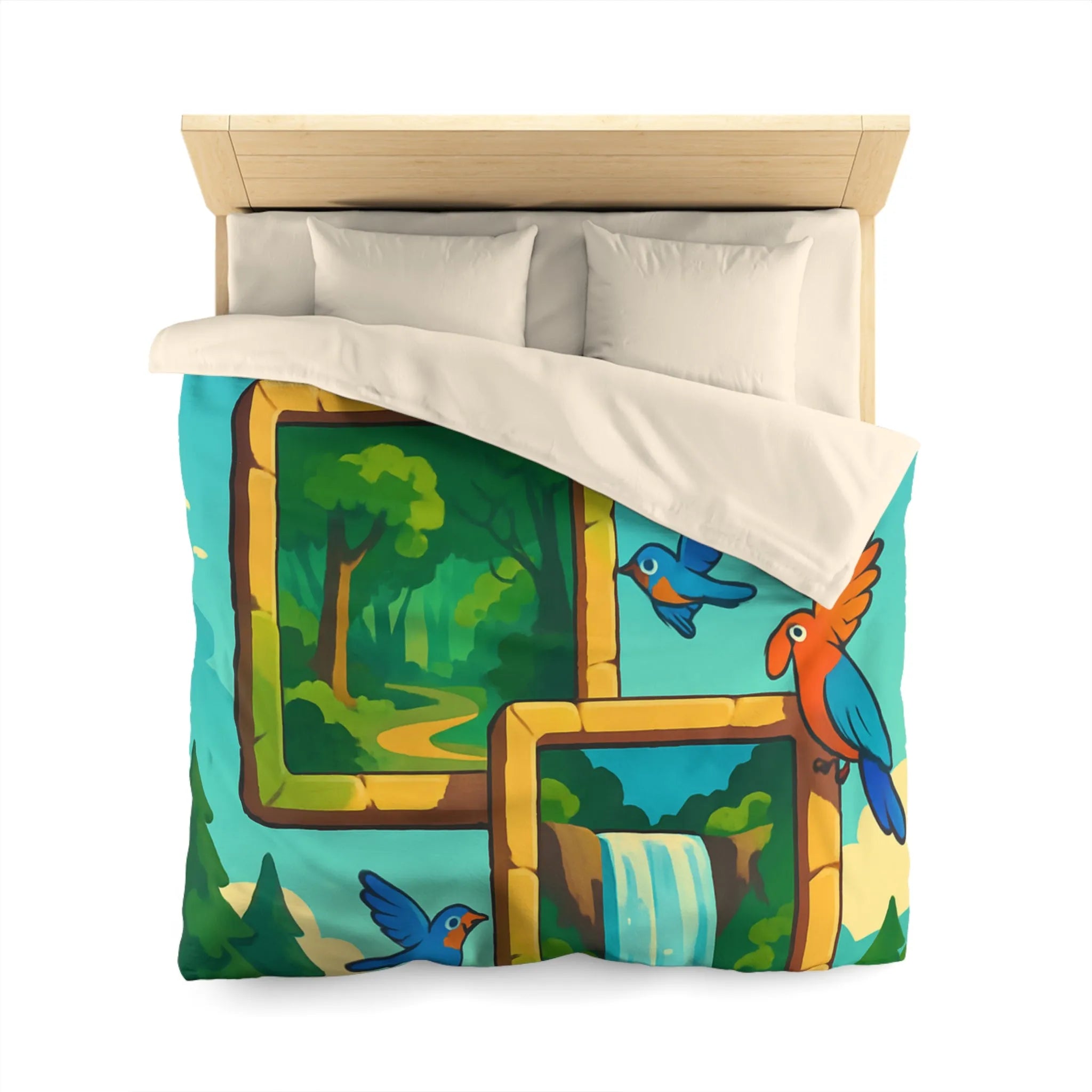 Housse de couette colorée avec oiseaux et scènes de nature paisible et dynamique