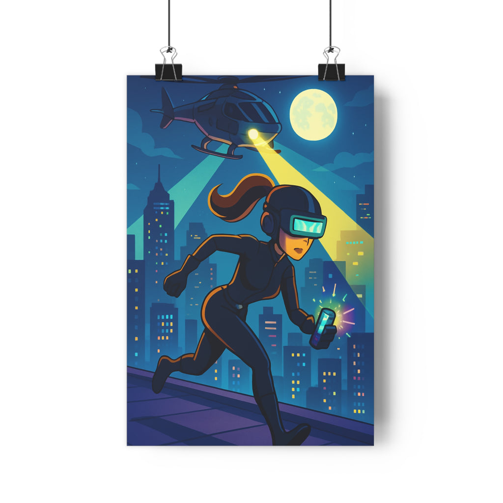Poster décoratif espionnage femme futuriste noir bleu cyberpunk animé mystère lumineux nuit ville tendance