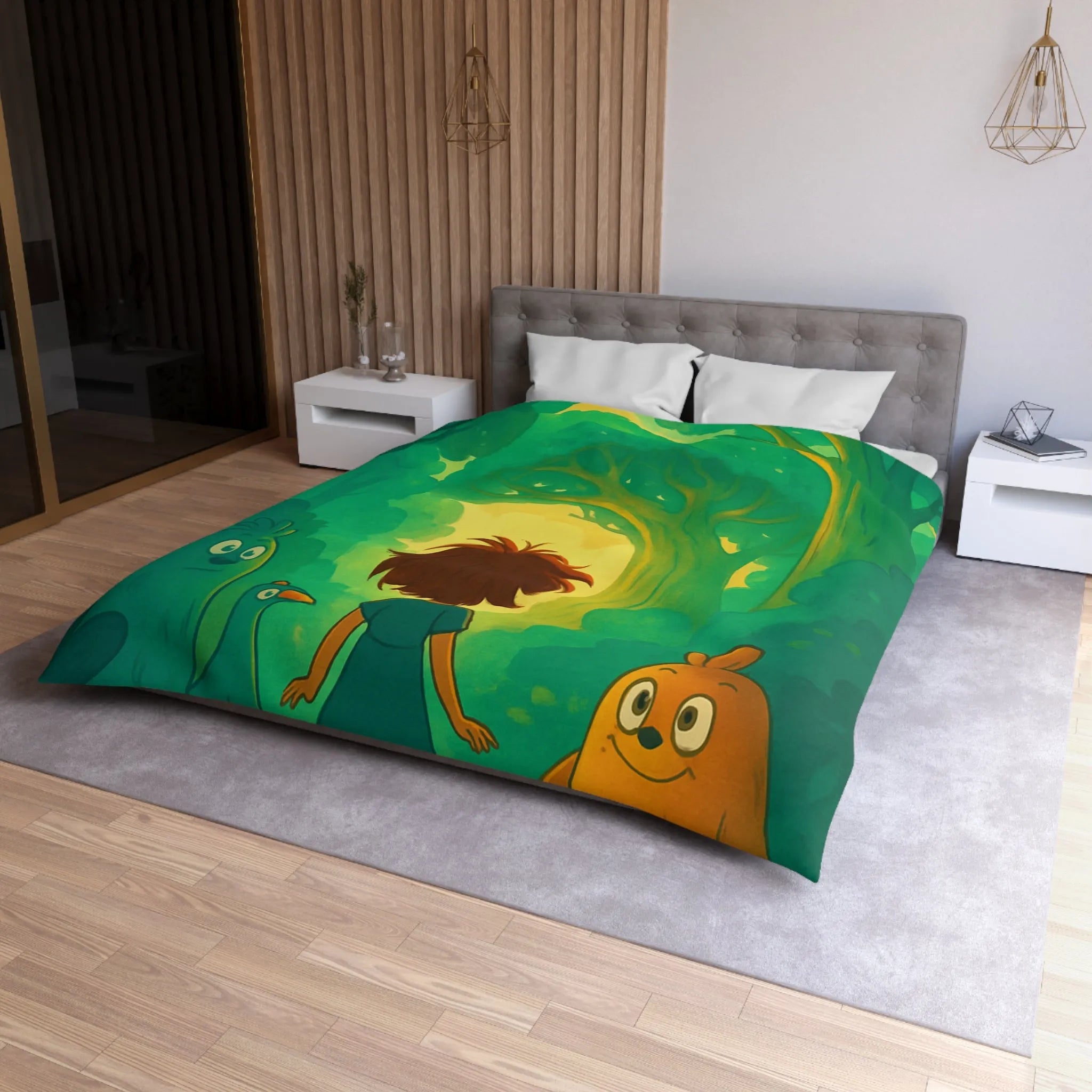 Housse de couette forêts enchantées avec animaux et personnage central, ambiance magique