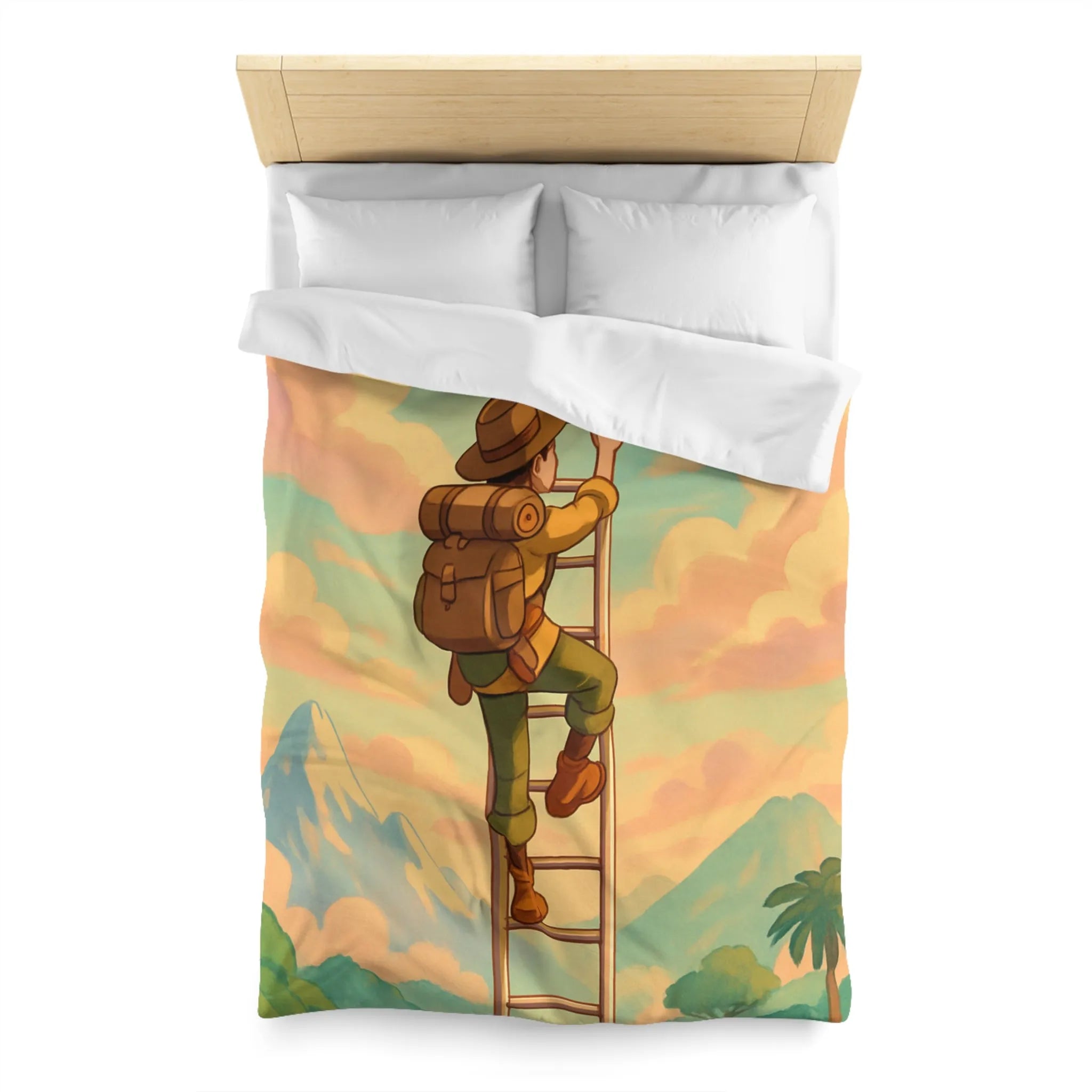 Housse de couette avec aventurier grimpant échelle vers ciel pastel et montagnes lointaines