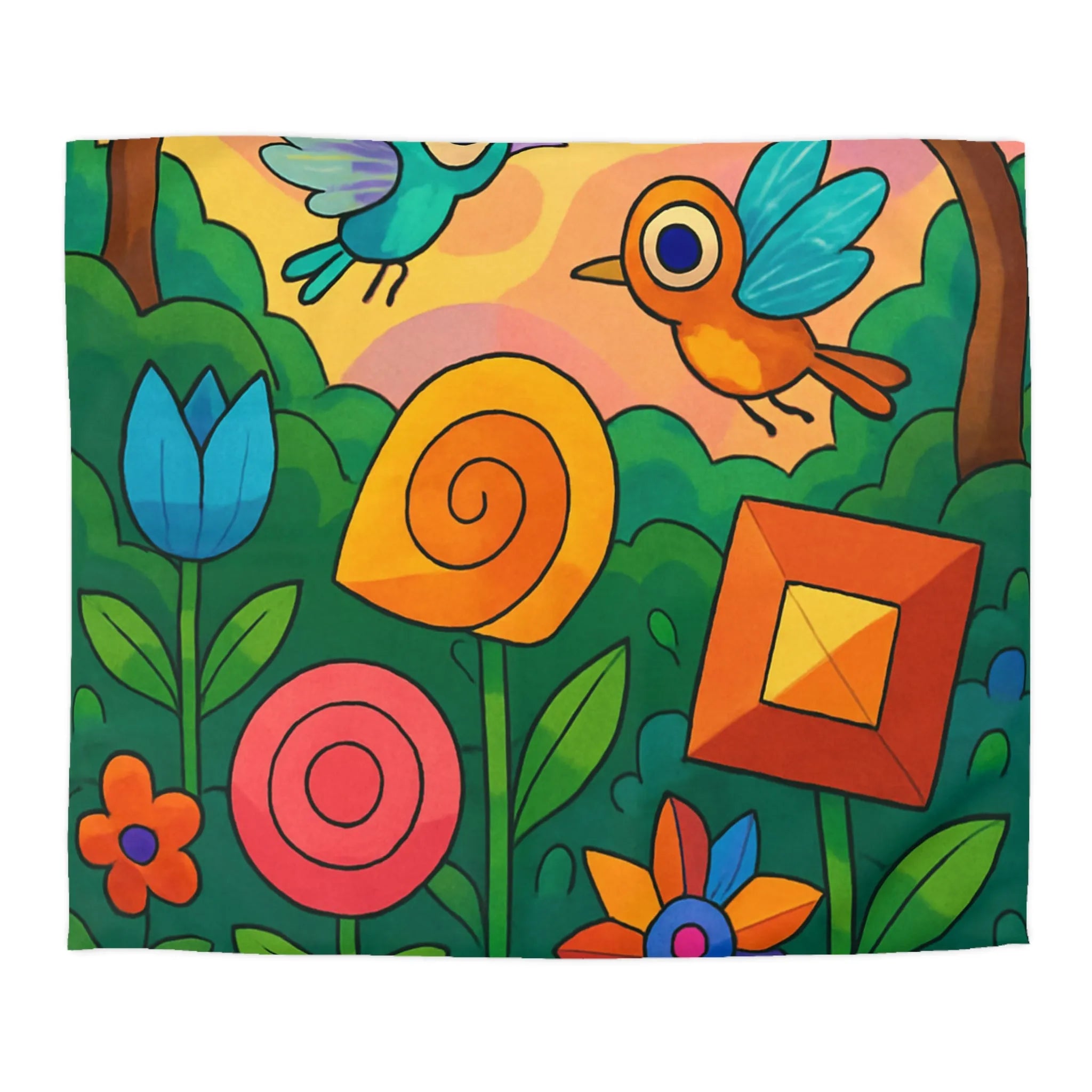 Housse de Couette Colorée Enchantée avec Oiseaux et Fleurs pour Chambre Moderne