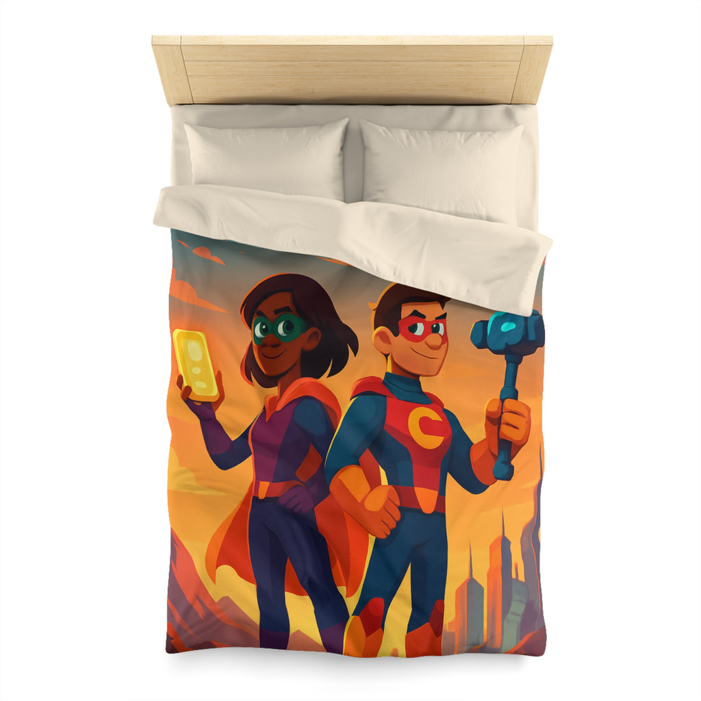 Super-héros Enfantins avec Drones dans Paysage Urbain Coloré Crépusculaire Illustré