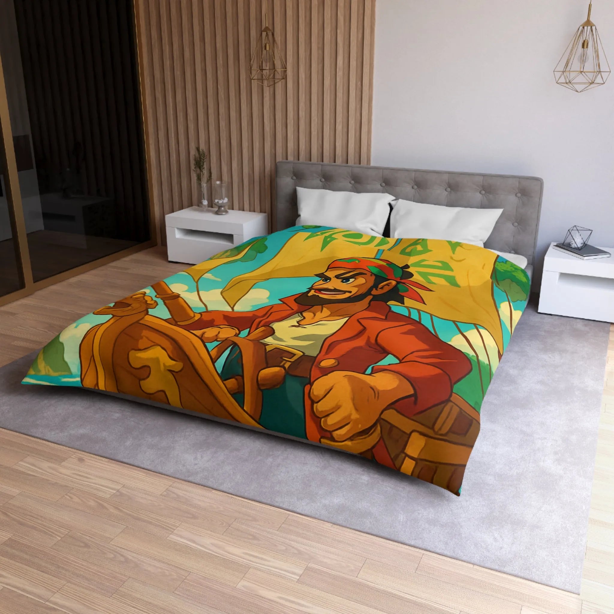 Housse de couette colorée avec pirate en bateau sur mer et îles flottantes