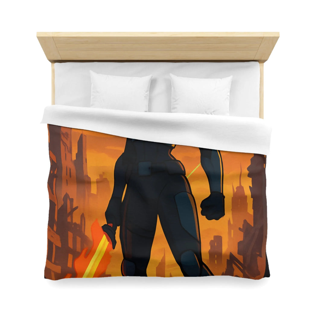 Housse de couette héroïque avec guerrier futuriste, drones volants et paysage apocalyptique