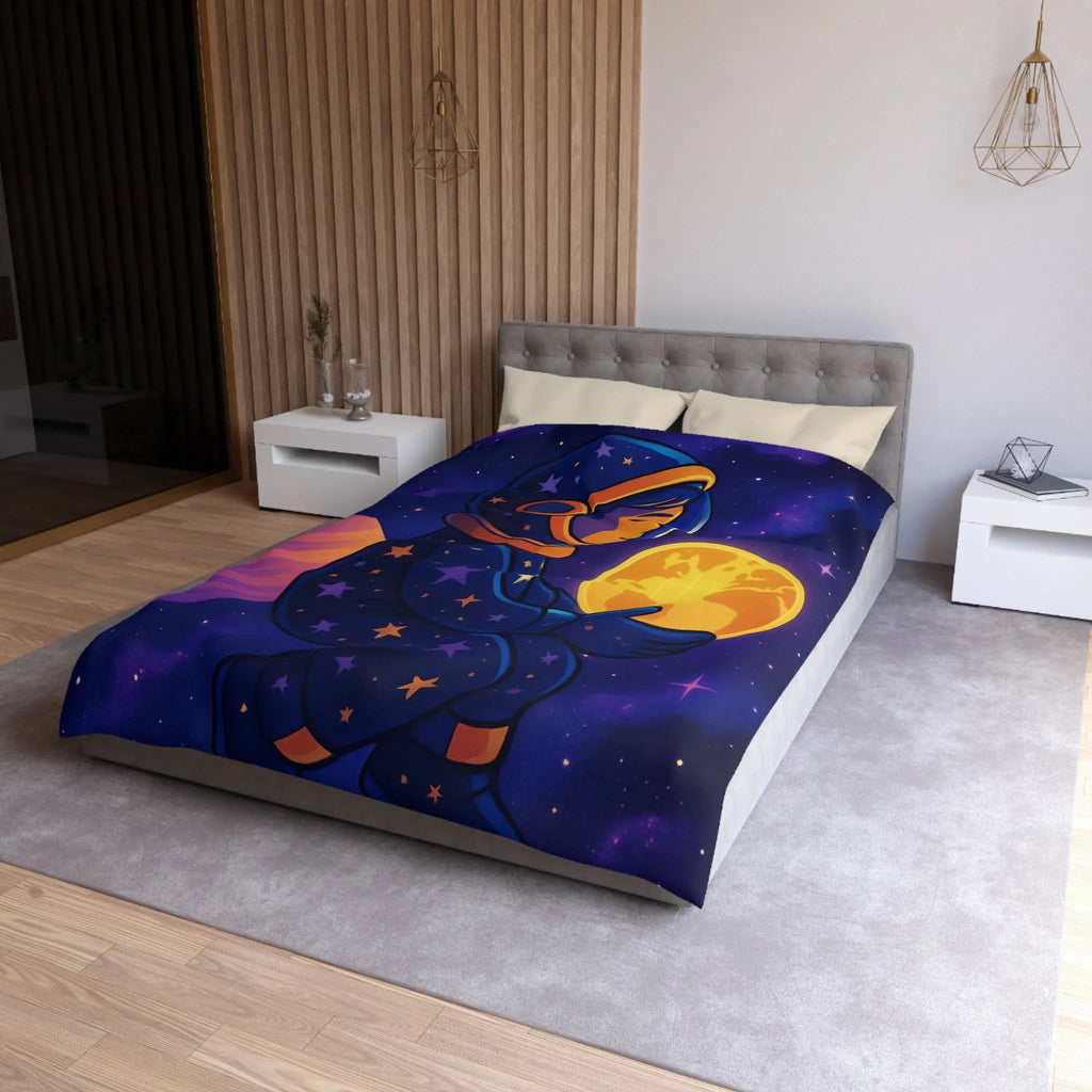 Housse de couette cosmos enfantine avec astronaute rêveur tenant une planète lumineuse