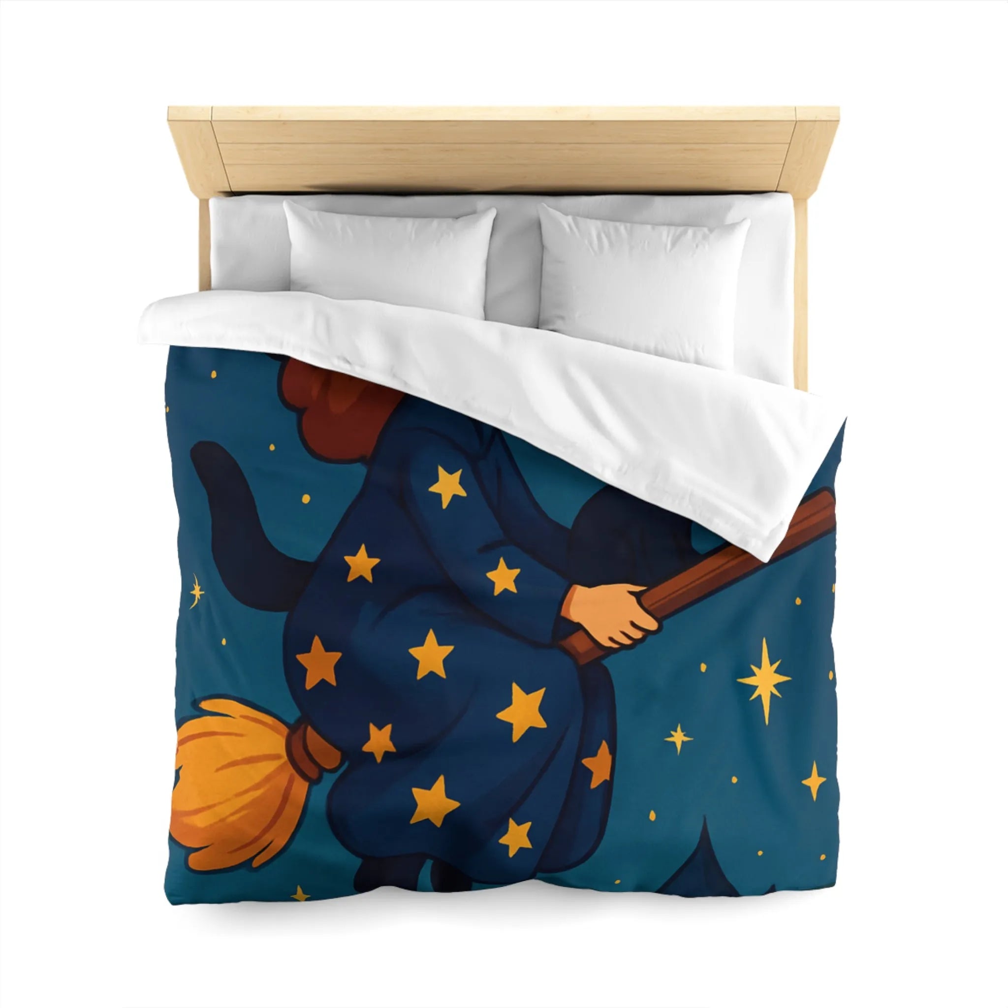 Housse de Couette Enfant Fantaisie Sorcière et Chat Noir sur Balai Nocturne