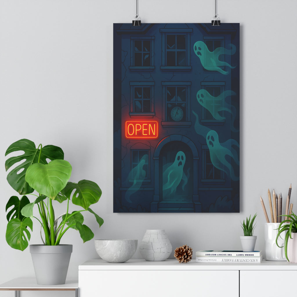 Poster décoratif dessin animé rétro horreur sombre mystique fantômes sépia mystérieux maison hantée chambre