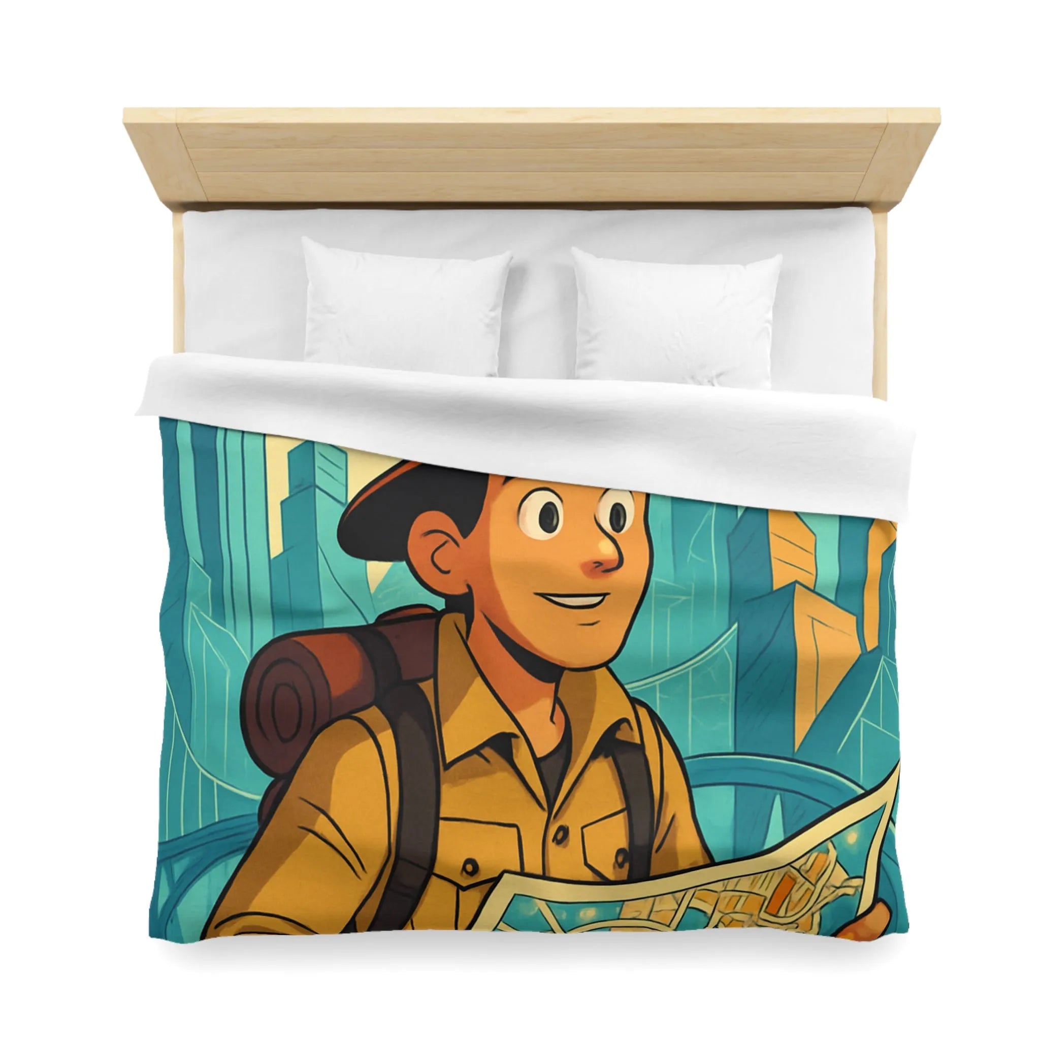 Découverte urbaine vibrante : jeune explorateur avec carte et gratte-ciels illustrés