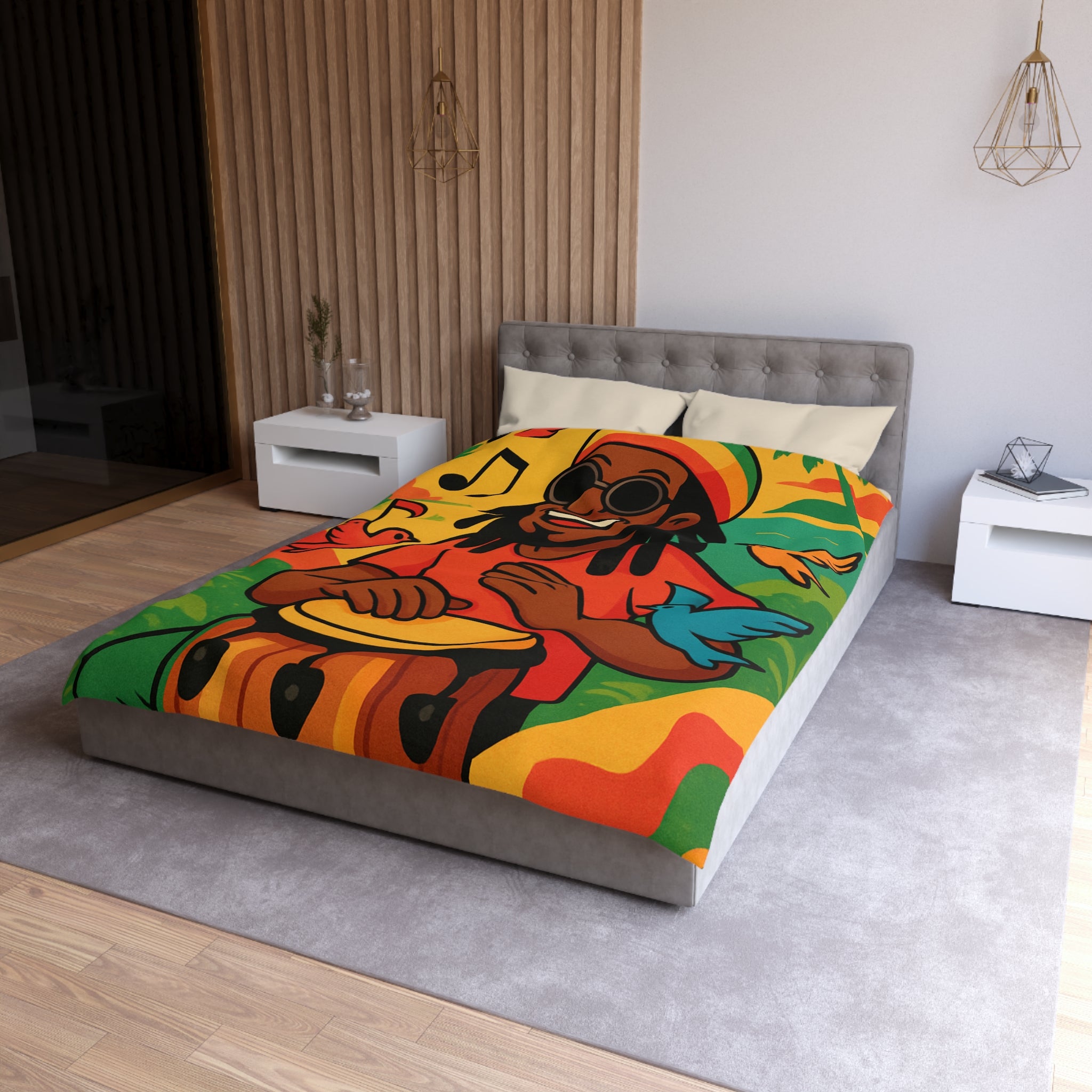 Housse de couette vibrante arc-en-ciel reggae avec tambour, palmiers et oiseaux colorés