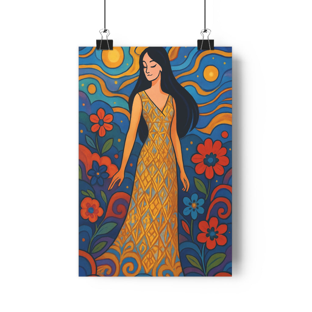 Poster décoratif art nouveau doré rouge bleu élégant animé rêveur chambre salon bureau artistique