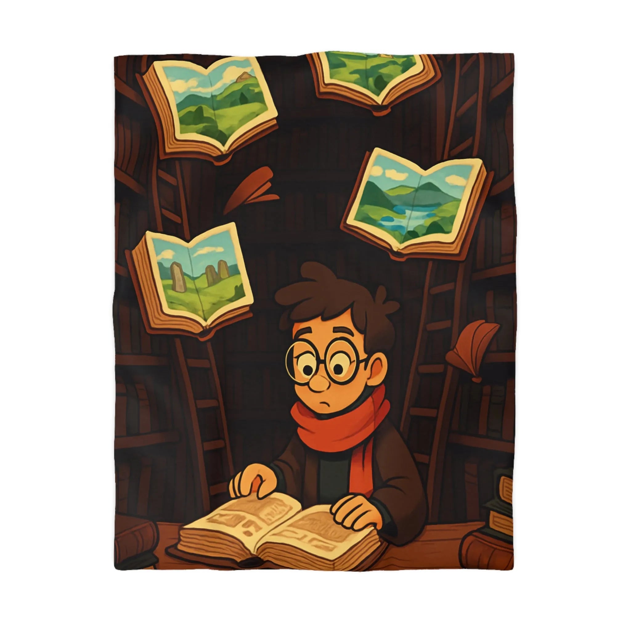 Housse de couette magique avec livres flottants et bibliothèques pour chambre enchantée