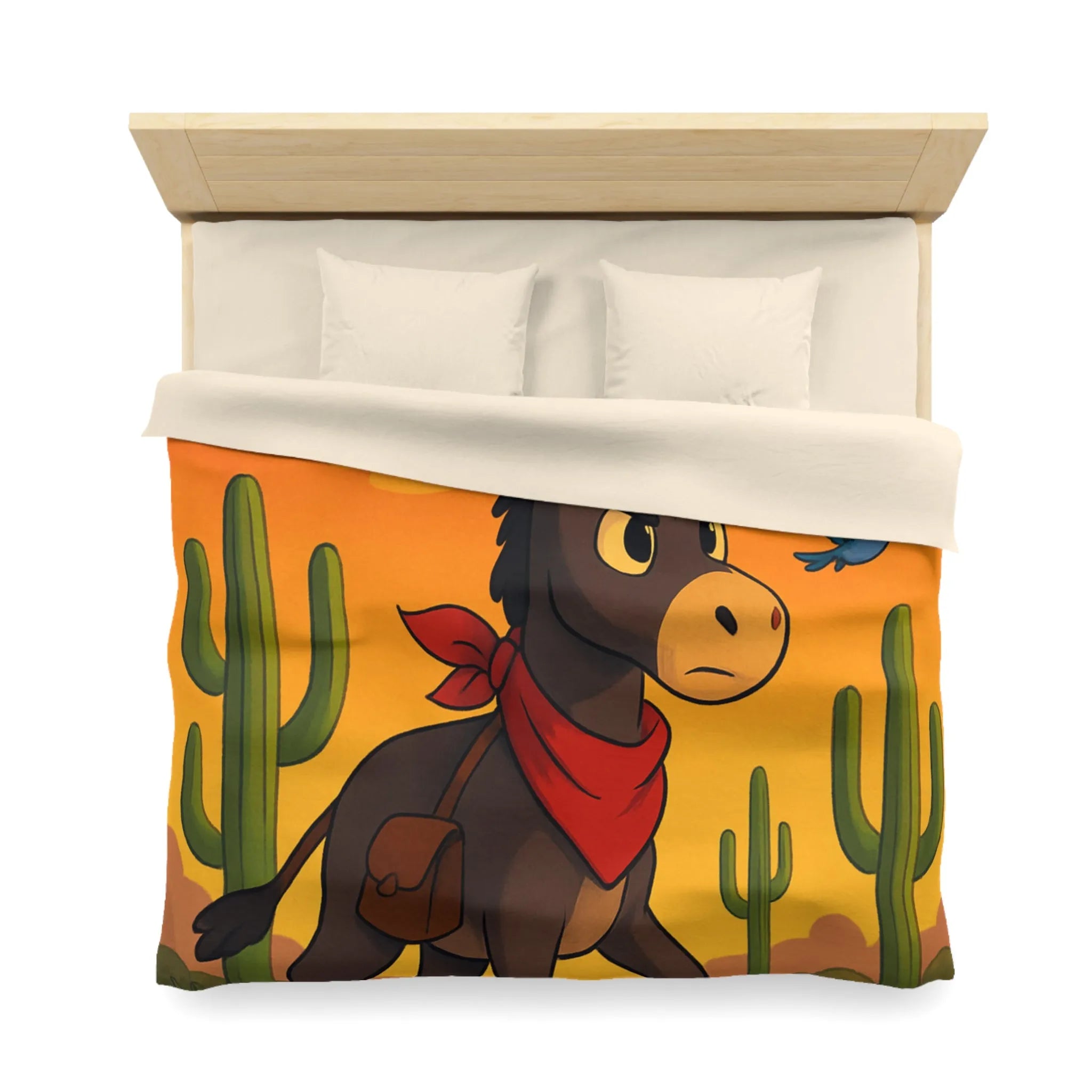 Housse de couette avec âne mignon et oiseaux colorés en désert animé