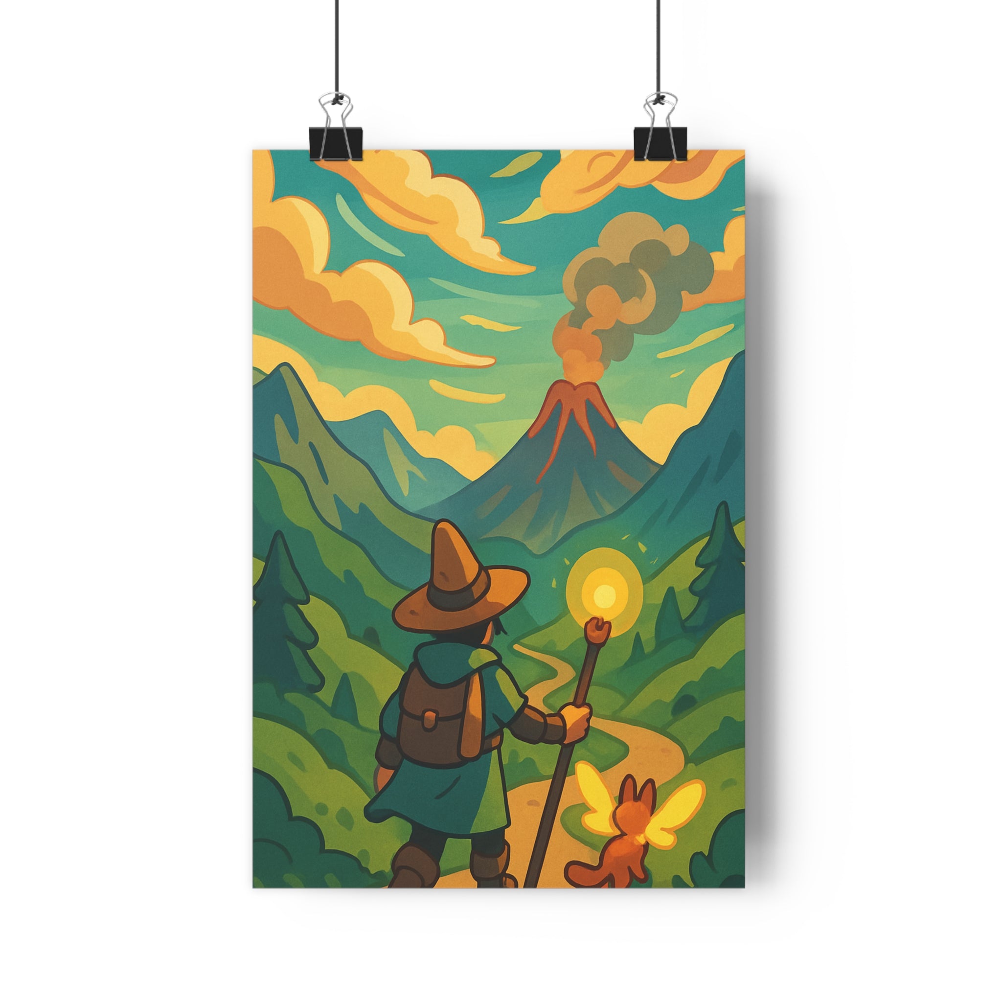 Poster décoratif cartoon aventurier féérique volcan montagnes ciel orange terreux ambiance fantastique chambre 30x46cm