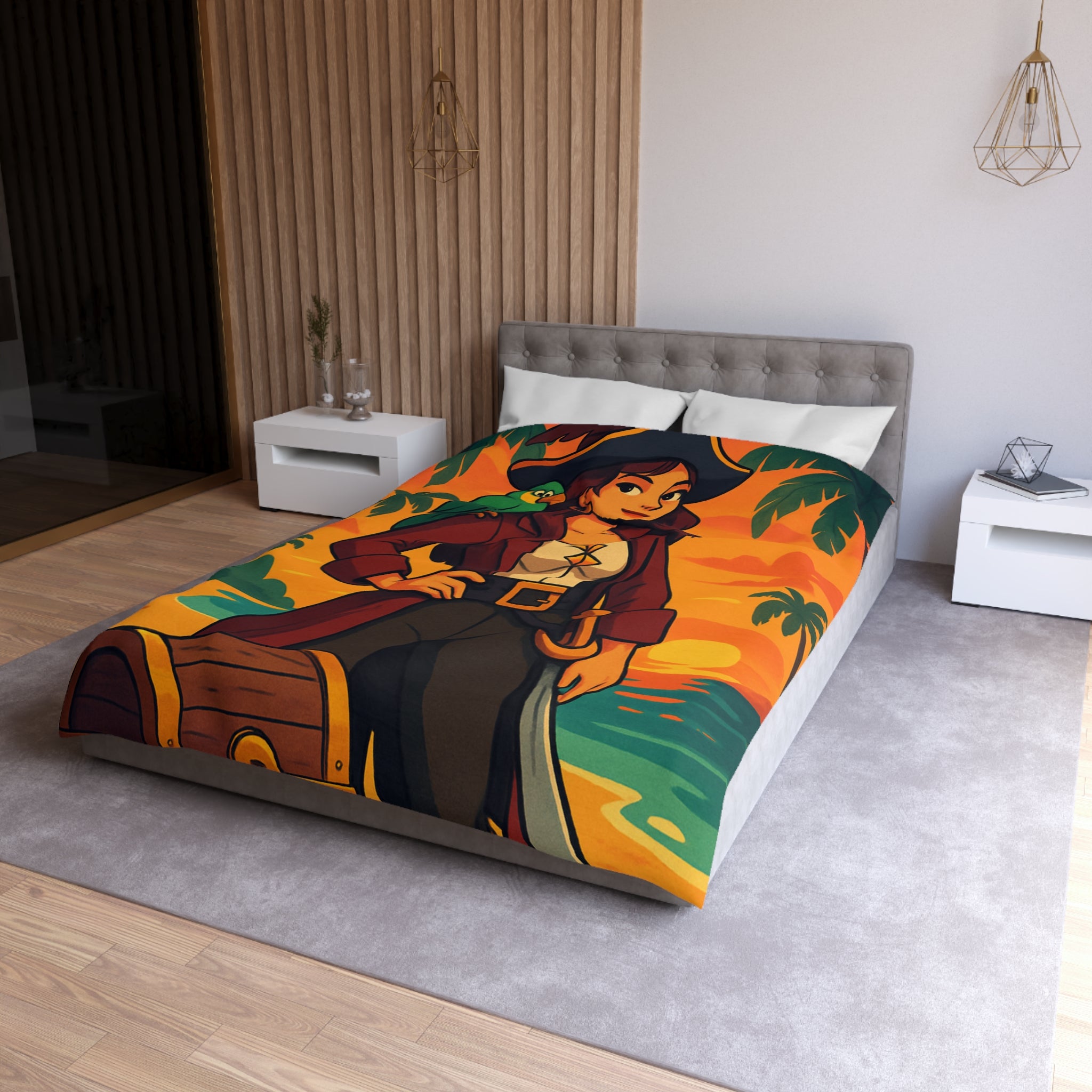 Housse de couette pirate colorée avec perroquet et coffre au trésor tropical