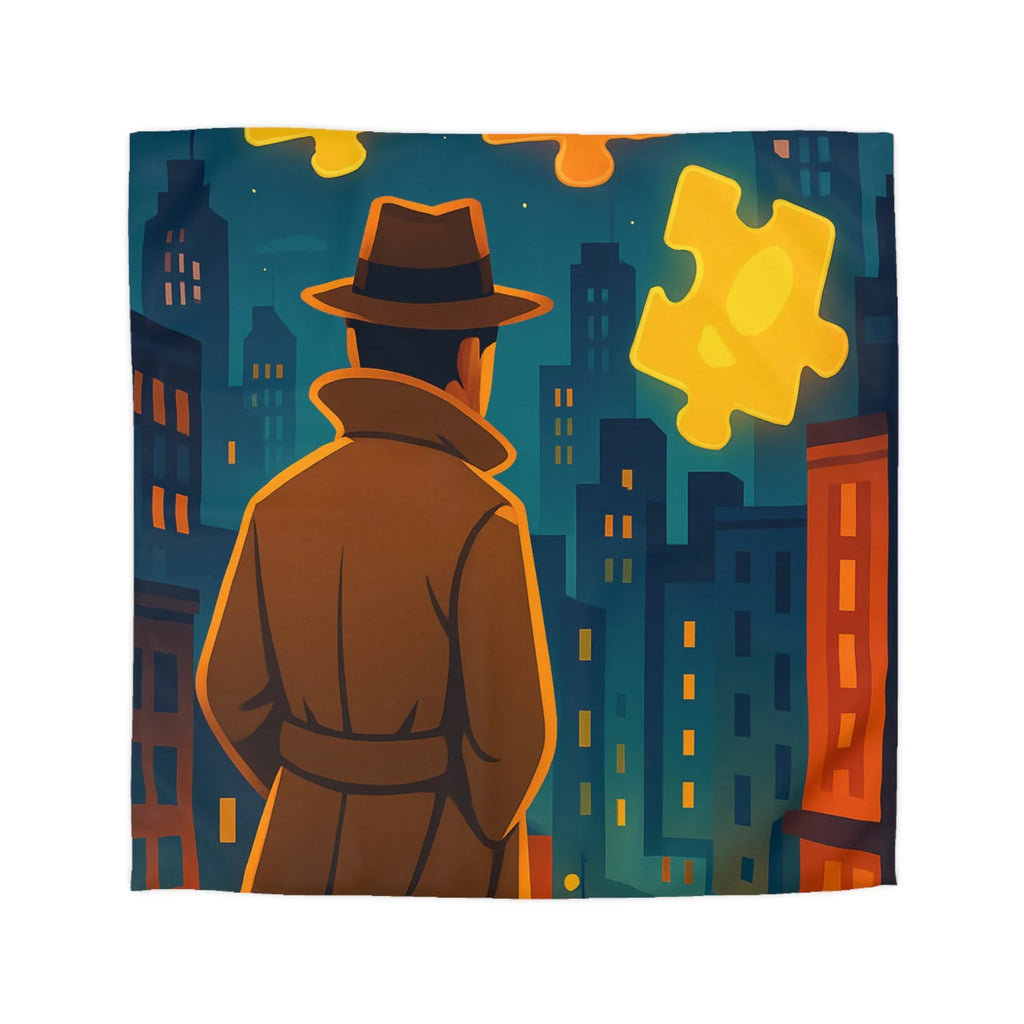 Enquête urbaine rétro avec puzzle lumineux sur housse de couette style détective nocturne