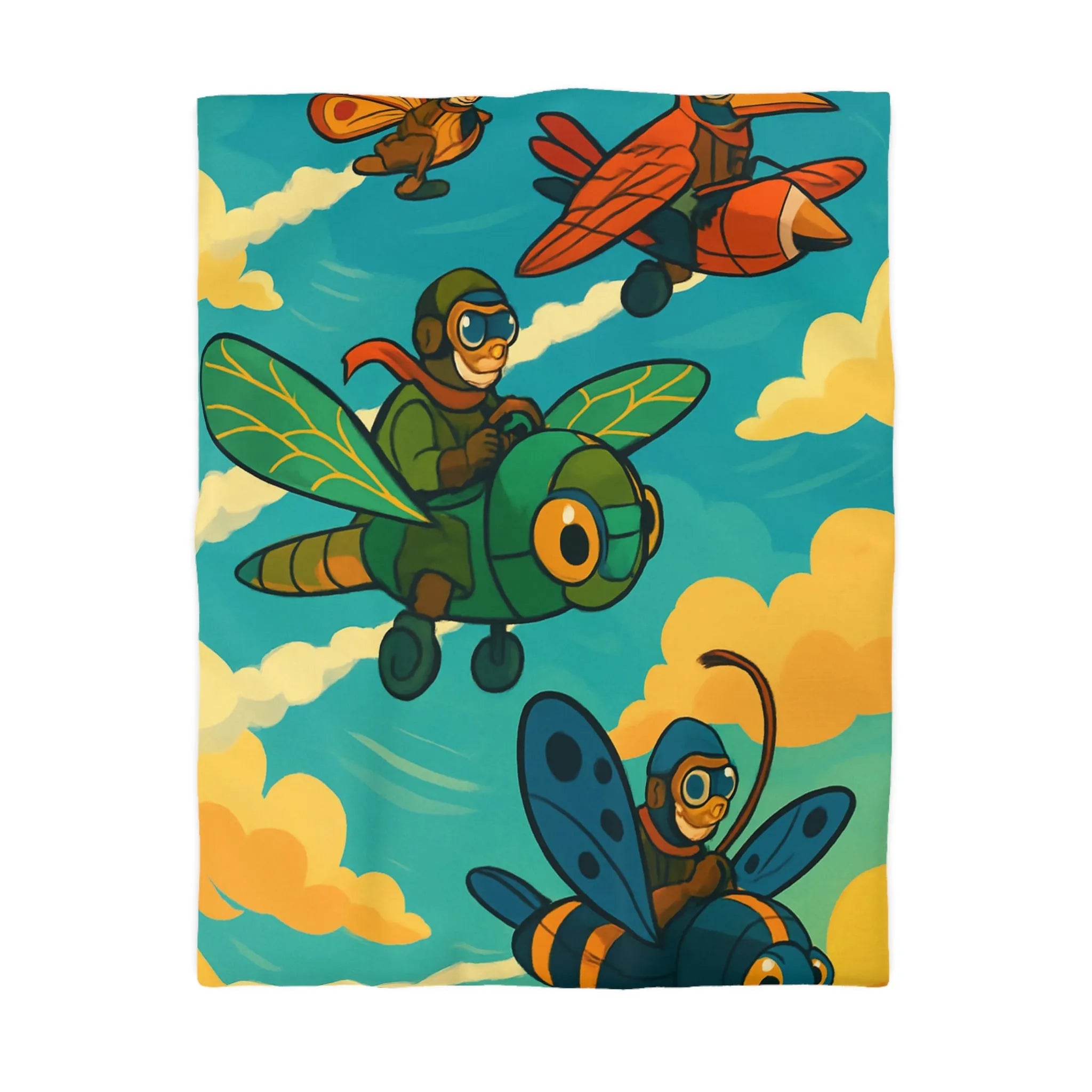 Housse de couette avec motif ludique d'avions insectes sur fond de ciel coloré