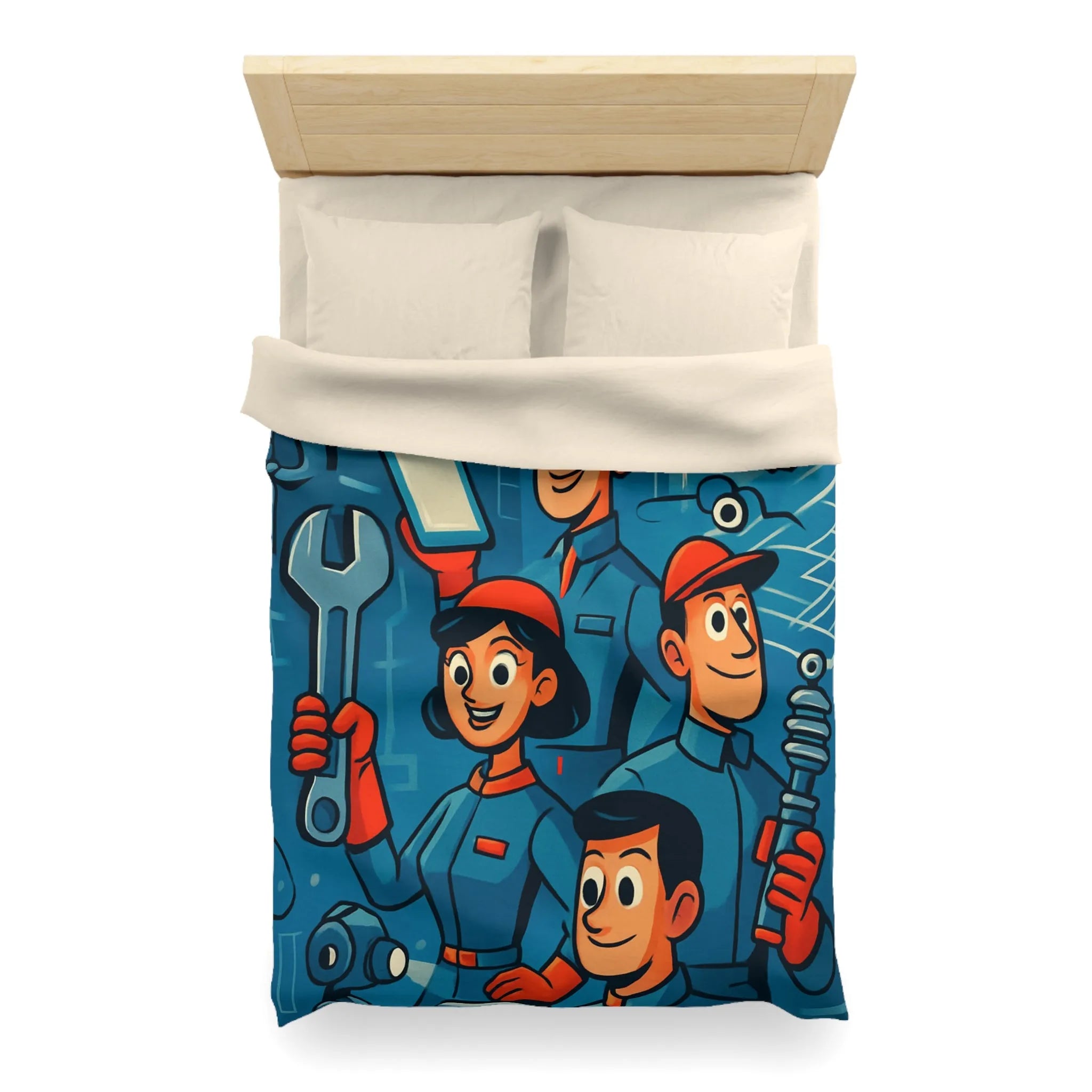Housse de Couette Industrielle avec Équipe de Travail Souriante dans Tonalités Bleues et Rouges