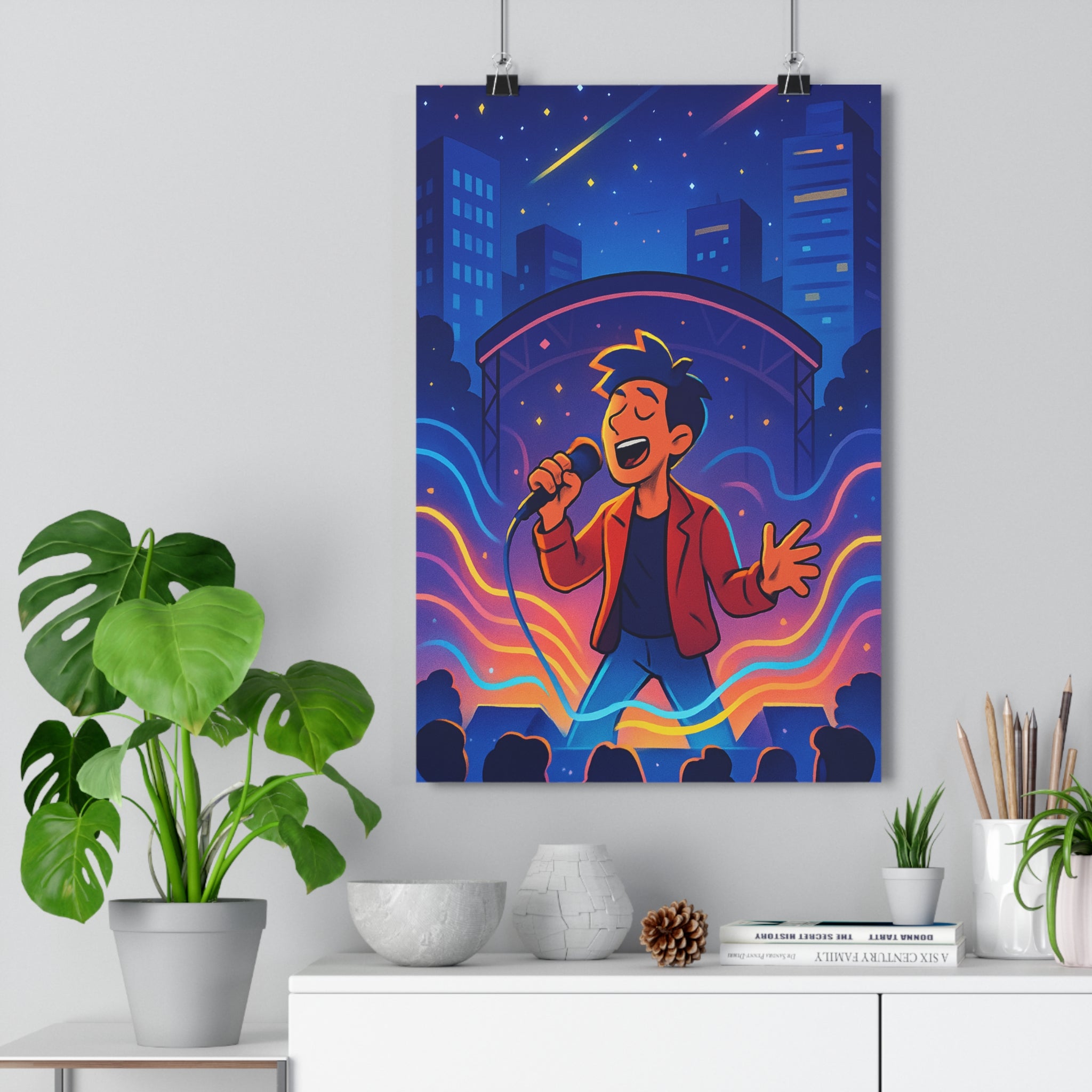 Poster décoratif moderne cartoon rouge lumineux dynamique urbain chanteur scène néon vibrant chambre salon