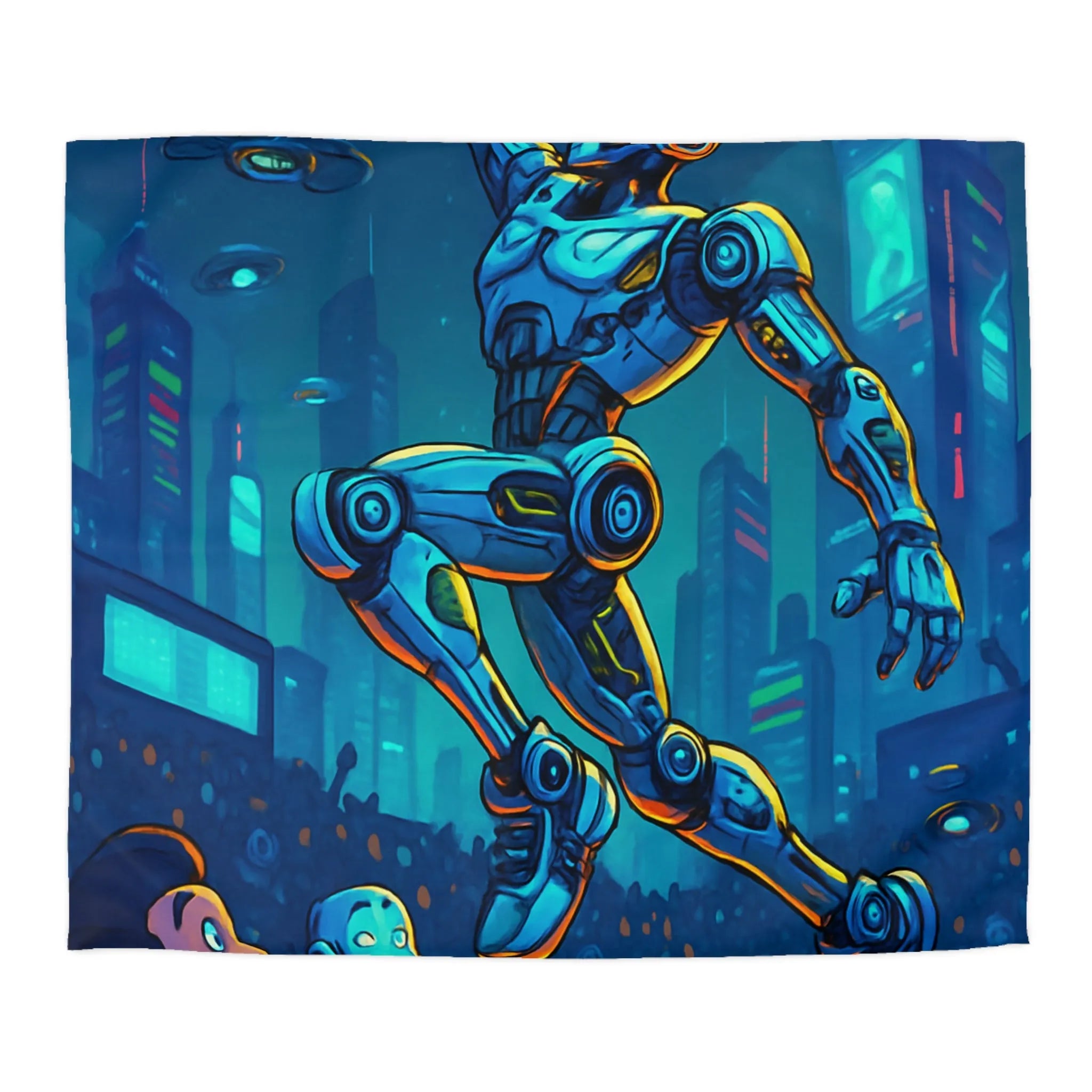 Housse de couette futuriste avec robot jouant au basket dans une ville lumineuse