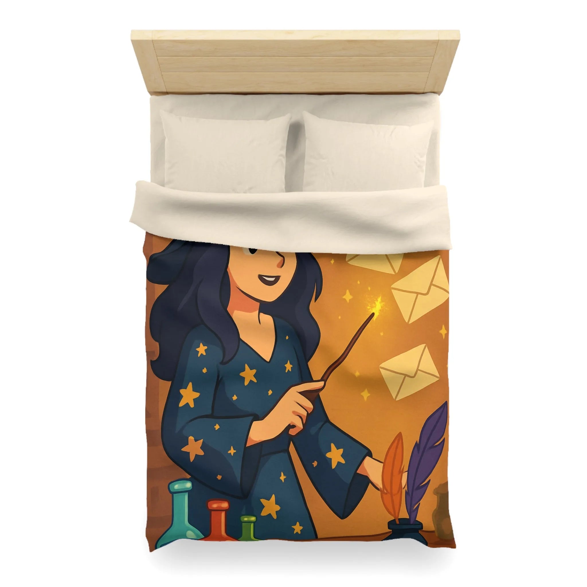 Housse de couette magique avec apprentie sorcière, quill et enveloppes flottantes animées
