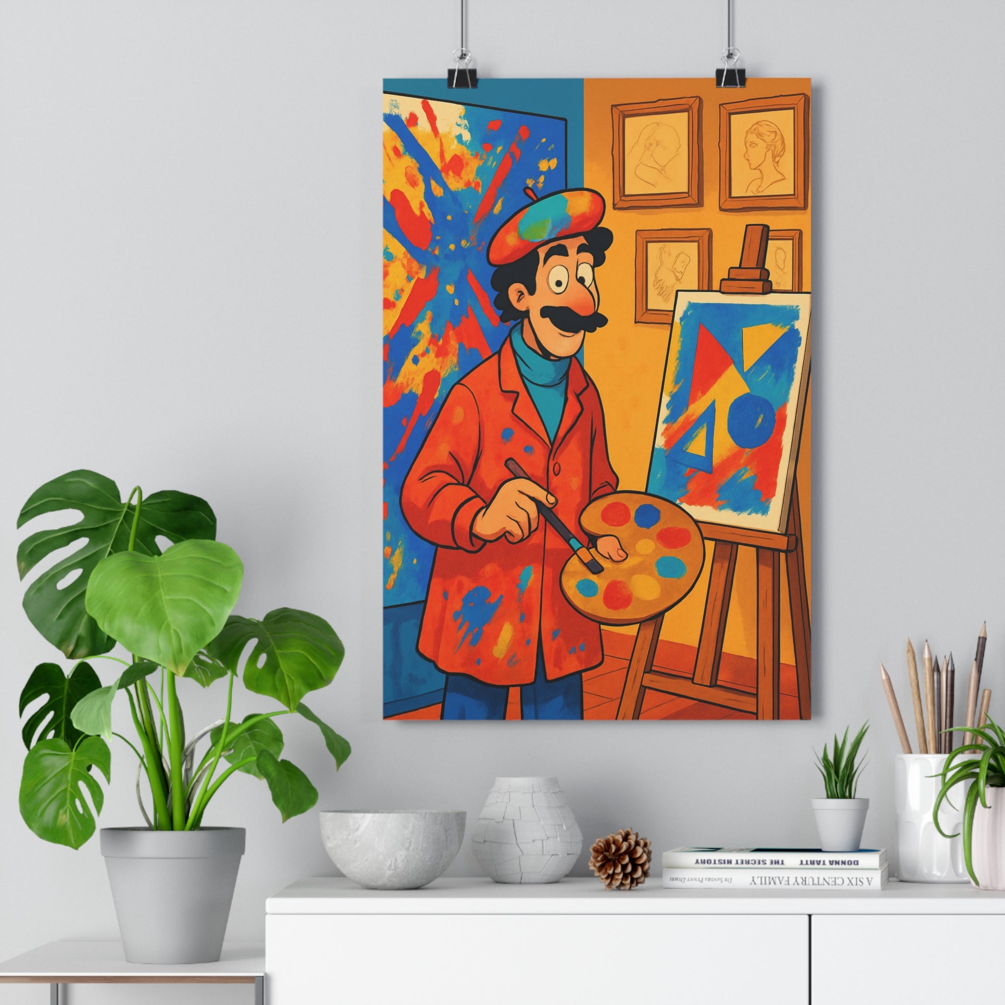 Poster décoratif cartoon impressionniste bleu rouge jaune peintre moustachu salon chambre créatif artistique ambiance