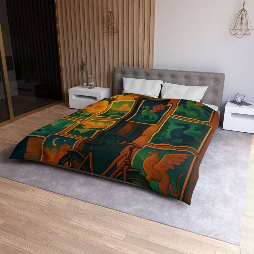 Housse de couette artistique avec dragons mythiques et paysage nocturne, ambiance mystérieuse