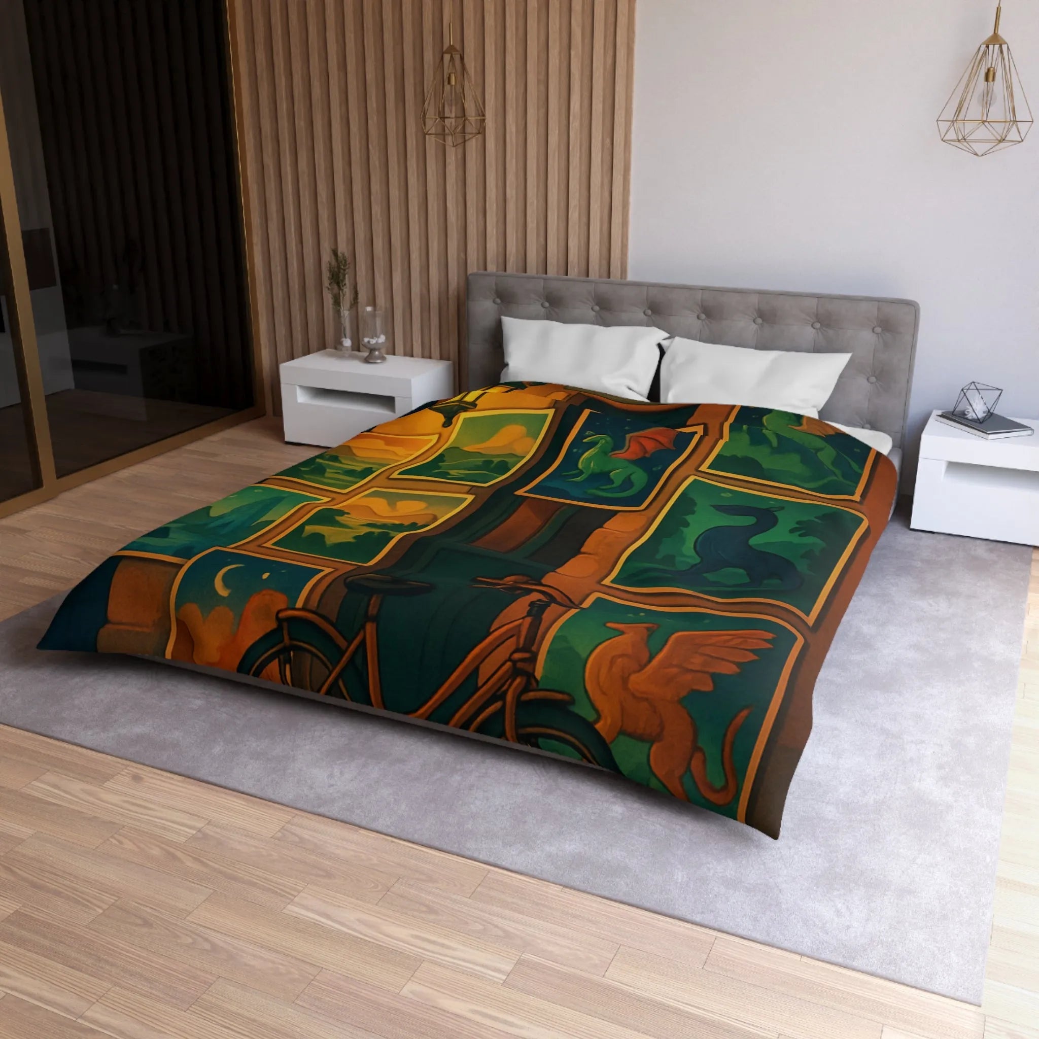 Housse de couette artistique avec dragons mythiques et paysage nocturne, ambiance mystérieuse