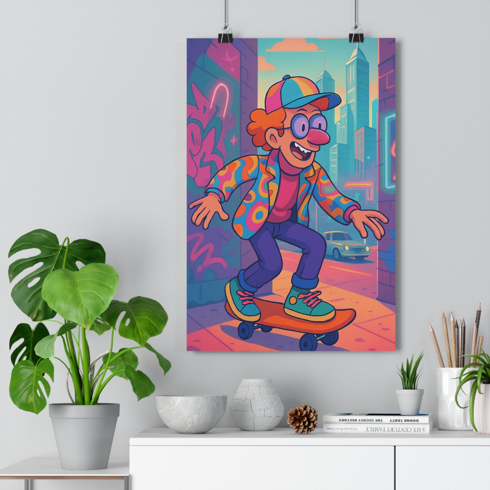 Poster décoratif popart bleu rose orange urbain joyeux chambre salon enfant tendance moderne vibrant