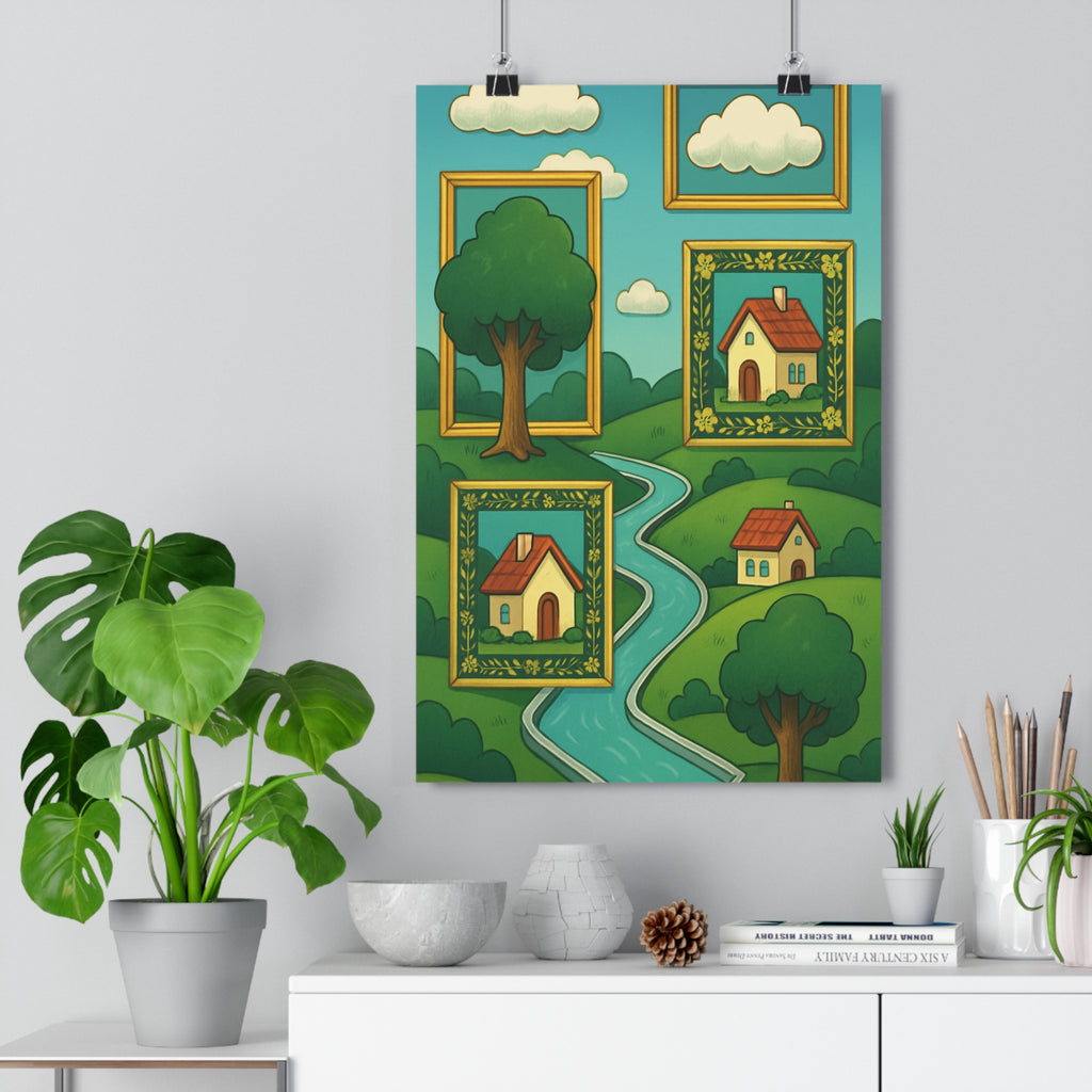 Poster décoratif féerique paysage cartoon vert blanc salon chambre enfant imagination apaisante cadre 30x46