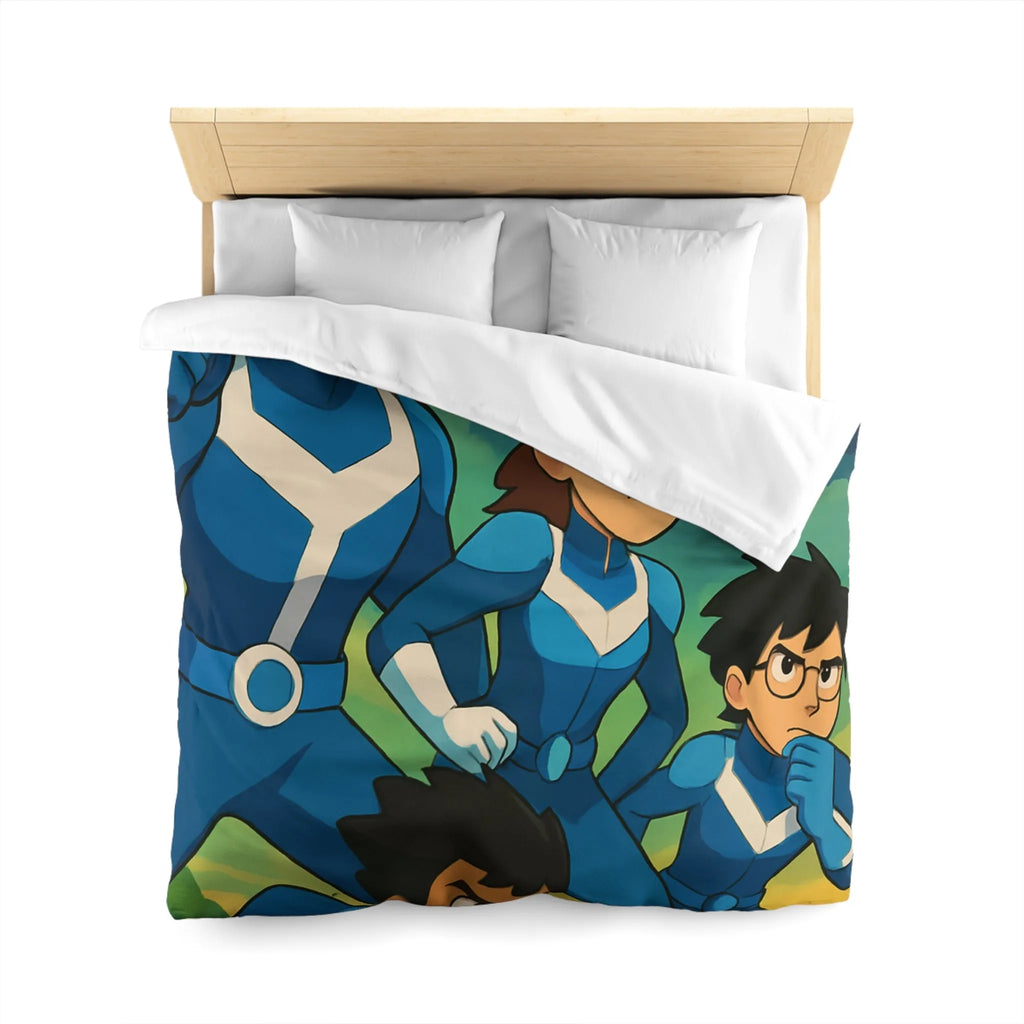 Housse de couette aventure : personnages animés et ciel orageux captivant pour chambre dynamique