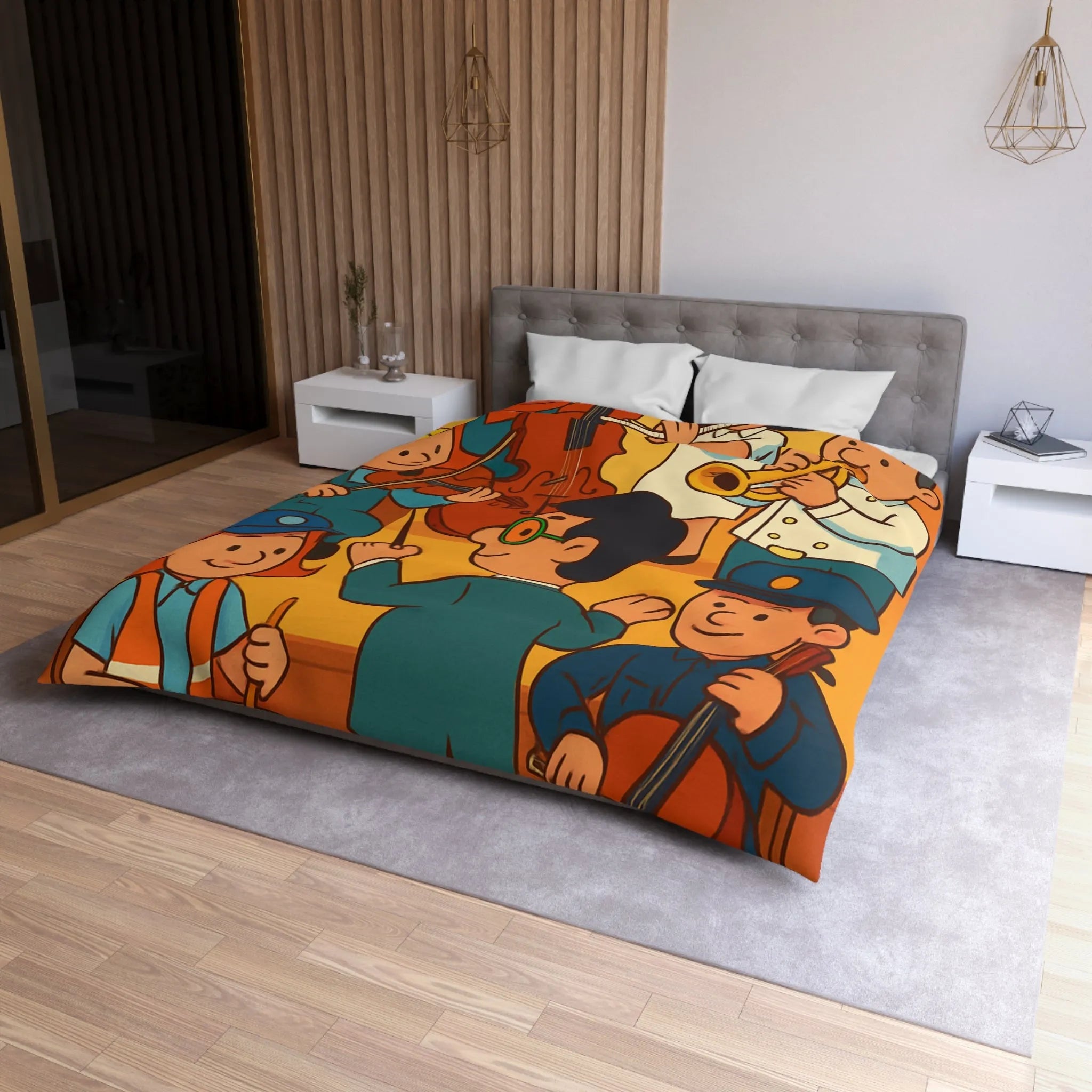 Housse de couette colorée avec illustrations de musiciens habillés en différentes professions