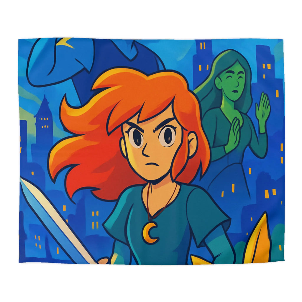 Housse de couette héroïque avec épée, ville nocturne et créatures fantastiques colorées