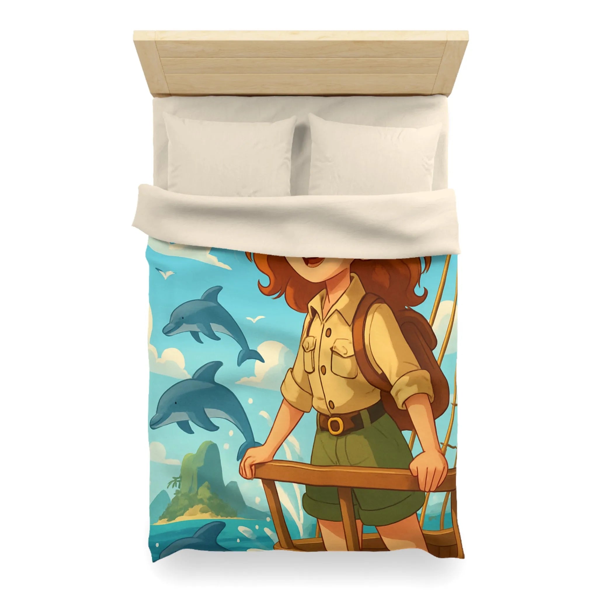 Housse de couette aventure nautique enfantine avec dauphins, voile et exploration marine animée
